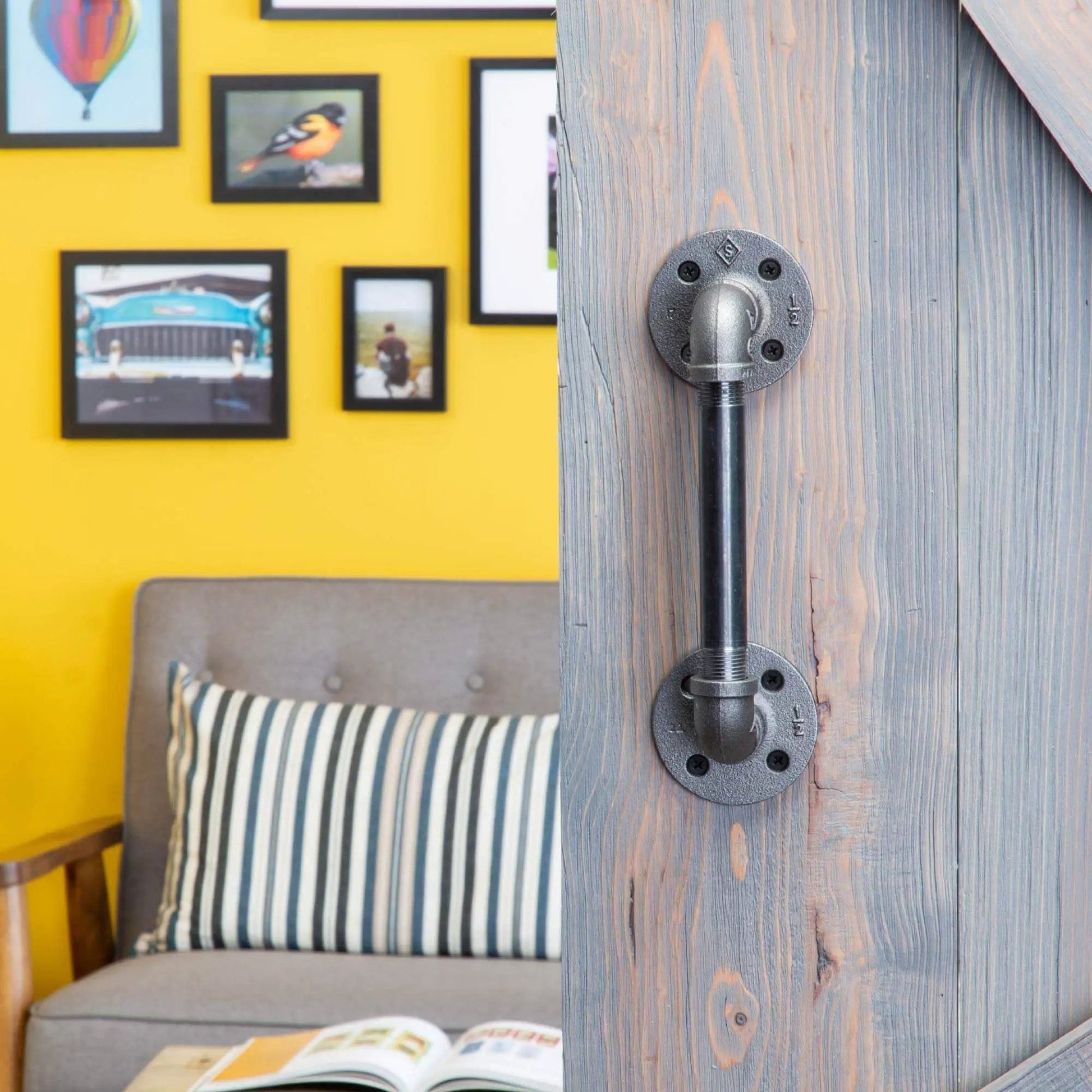 Industrial Pipe Barn Door Handle 6 Inch Rustic Farmhouse Heavy Duty Hardware Set With Steel Grey Iron Fittings on wooden door