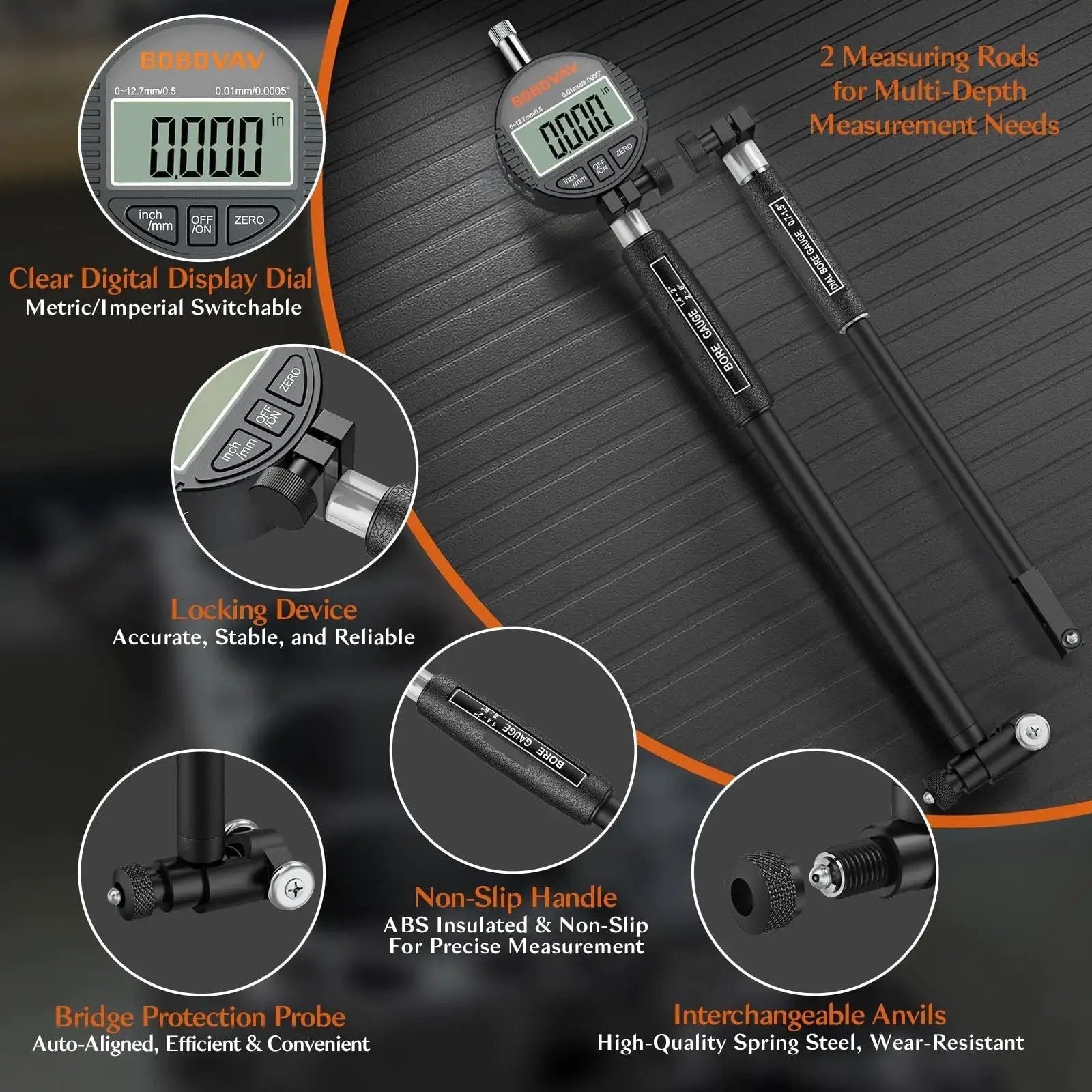 Digital Dial Bore Gauge Set 0.7 to 6 Inch Range with 150mm Depth and Ultra Precision with two measuring rods and digital display