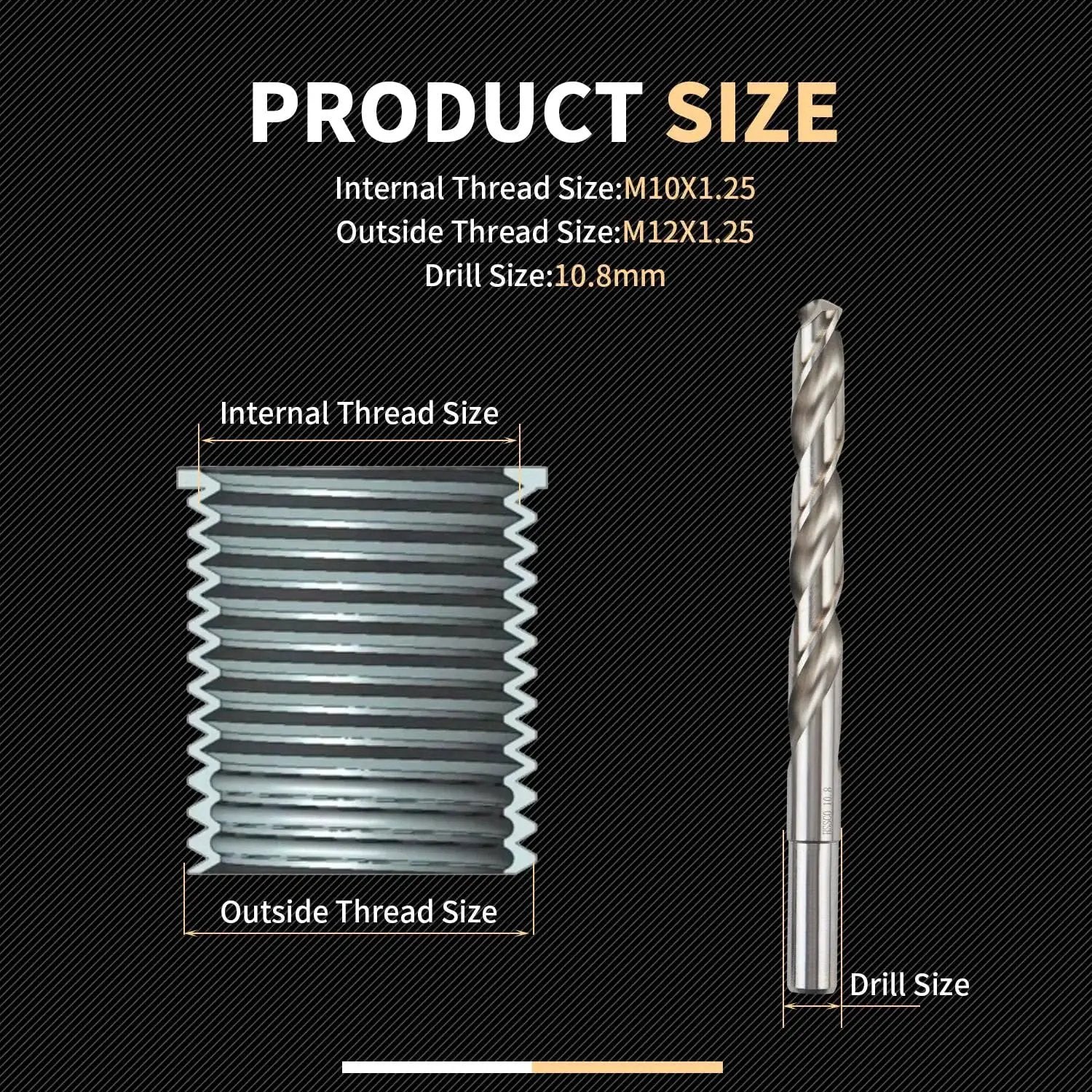 Pro Grade Stainless Steel M10x1.25 Thread Repair Kit With 14mm Inserts, close-up of thread size and drill bit.