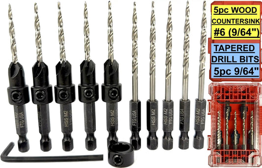 Woodworking Five Piece Depth Adjustable Countersink Drill Bit Set With Replacement Tapered Bits In A Tough Storage Case Size Six Nine Sixty Fourth Inch For Precise Finishes And Quick Setup In Cabinets Furniture And DIY Projects From FTG USA displayed with red storage case and Allen wrench