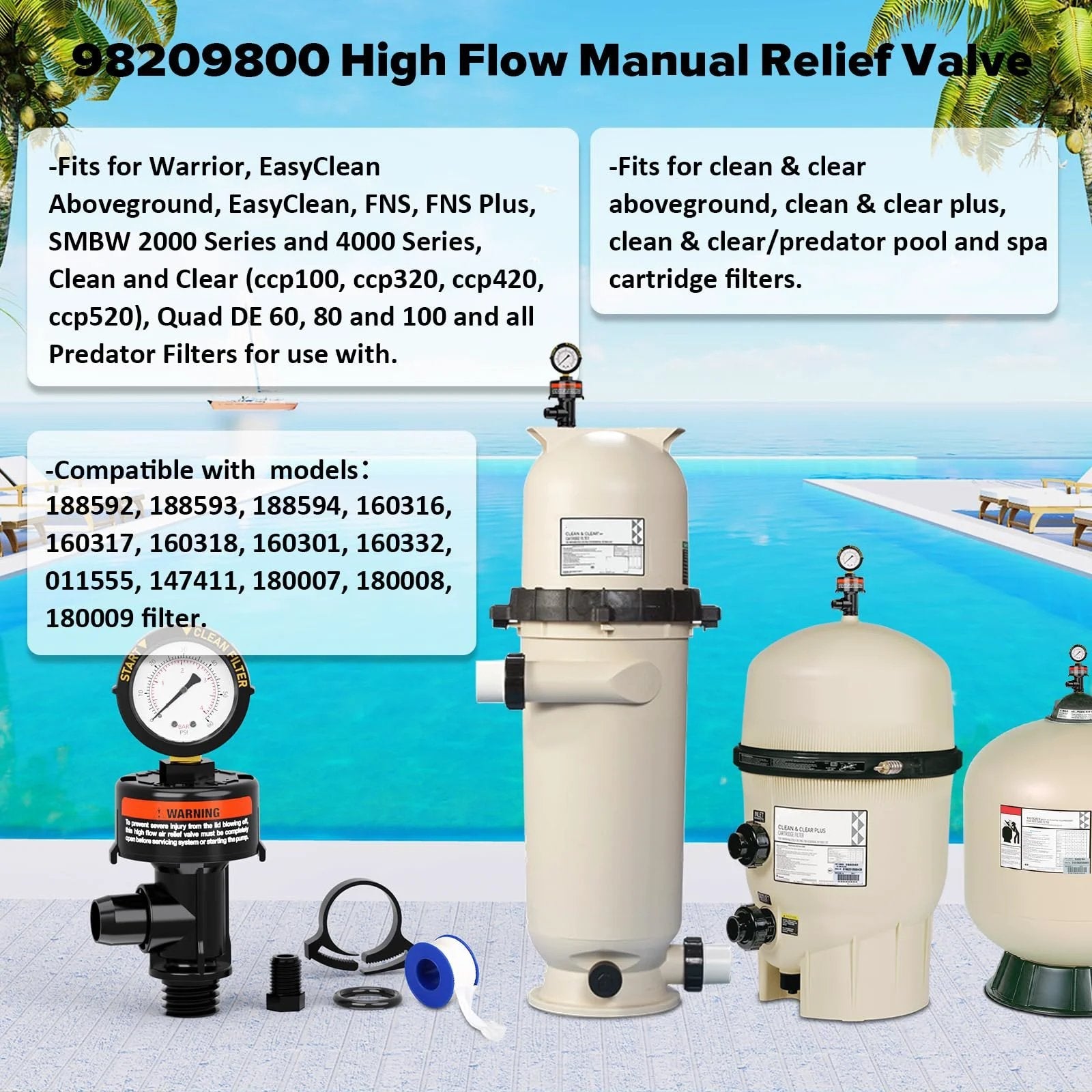 High Flow Manual Air Relief Valve For Pool And Spa Filters With Pressure Gauge Replacement, side view with attached gauge and multiple filter types.