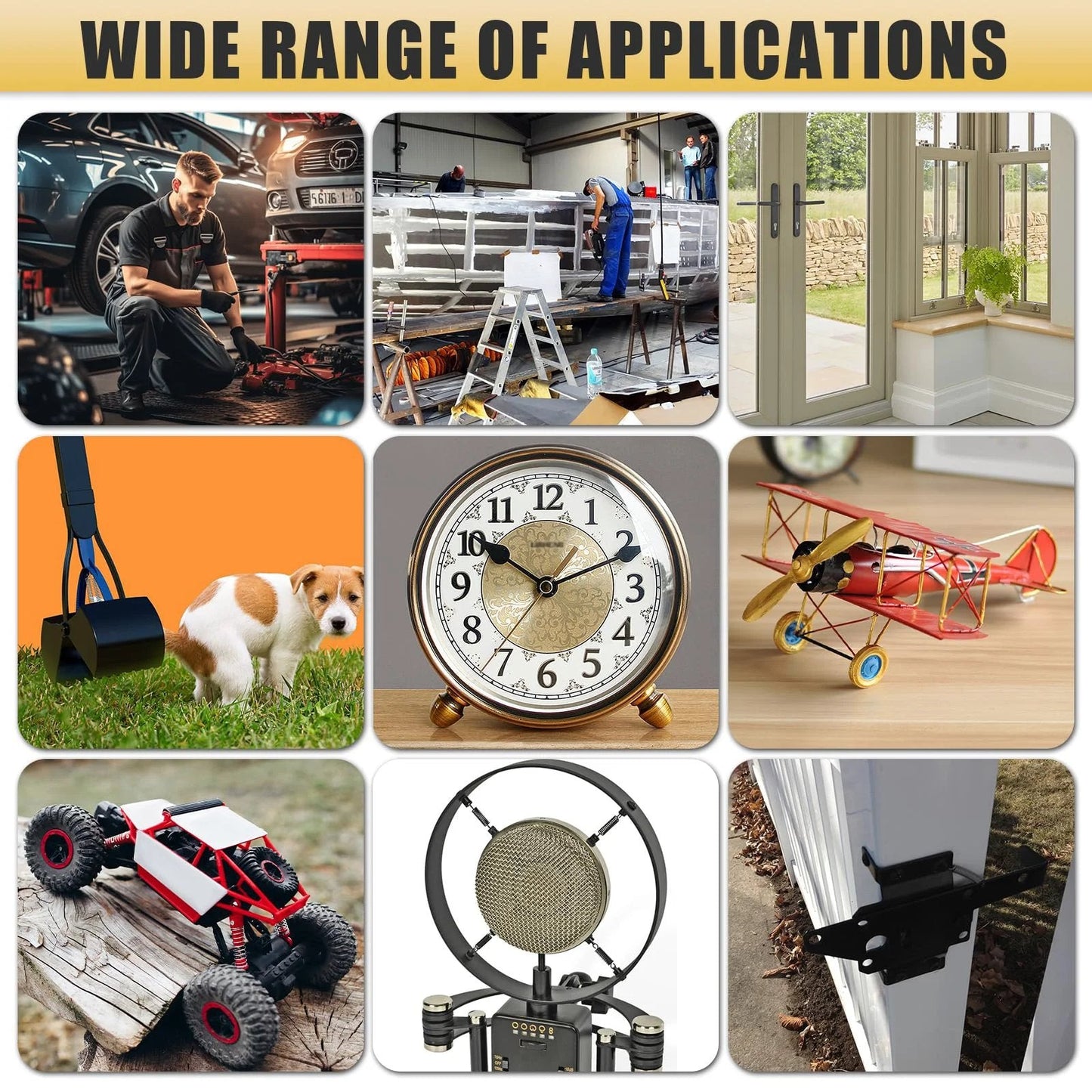 Collage of uses for stainless steel extension springs with hook ends in automotive, furniture, hardware, and DIY projects.