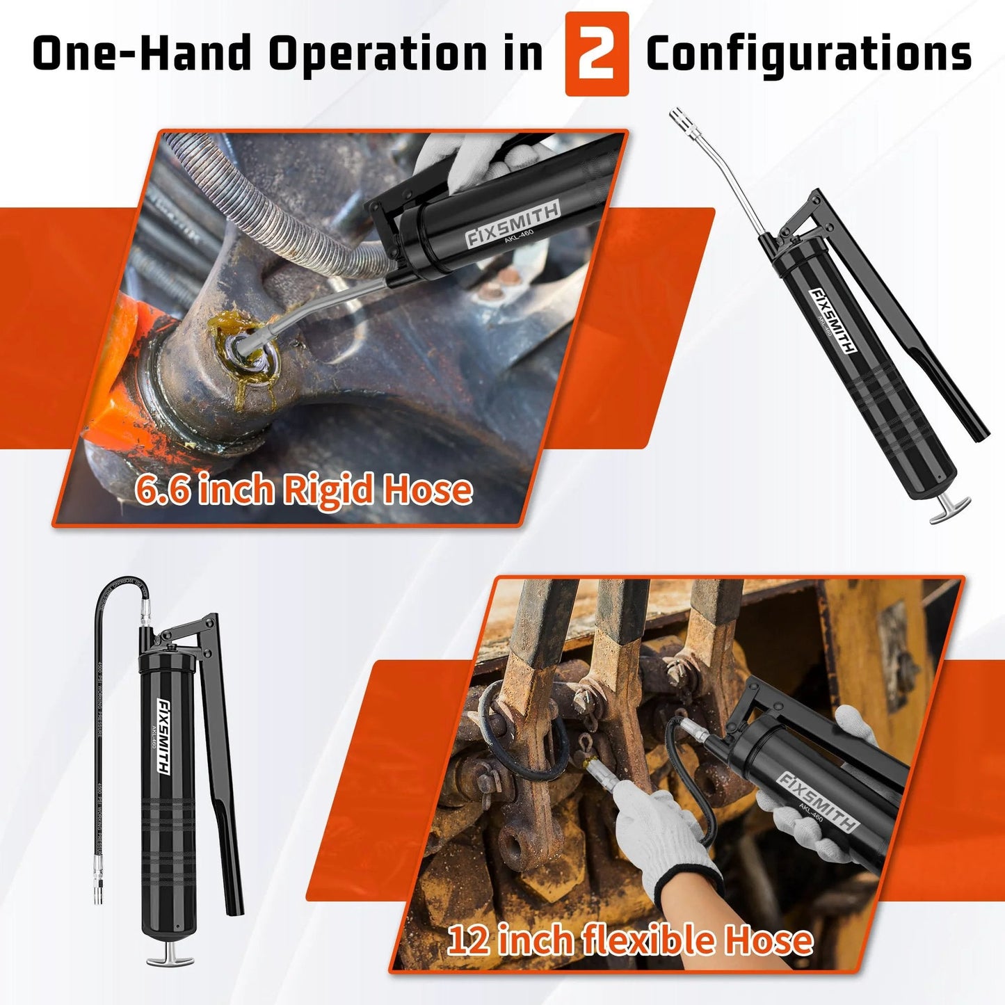 Pro Grade Lever Action Grease Gun For Pros, Heavy Duty Construction with 6.6 inch Rigid Hose and 12 inch Flexible Hose By Fixsmith