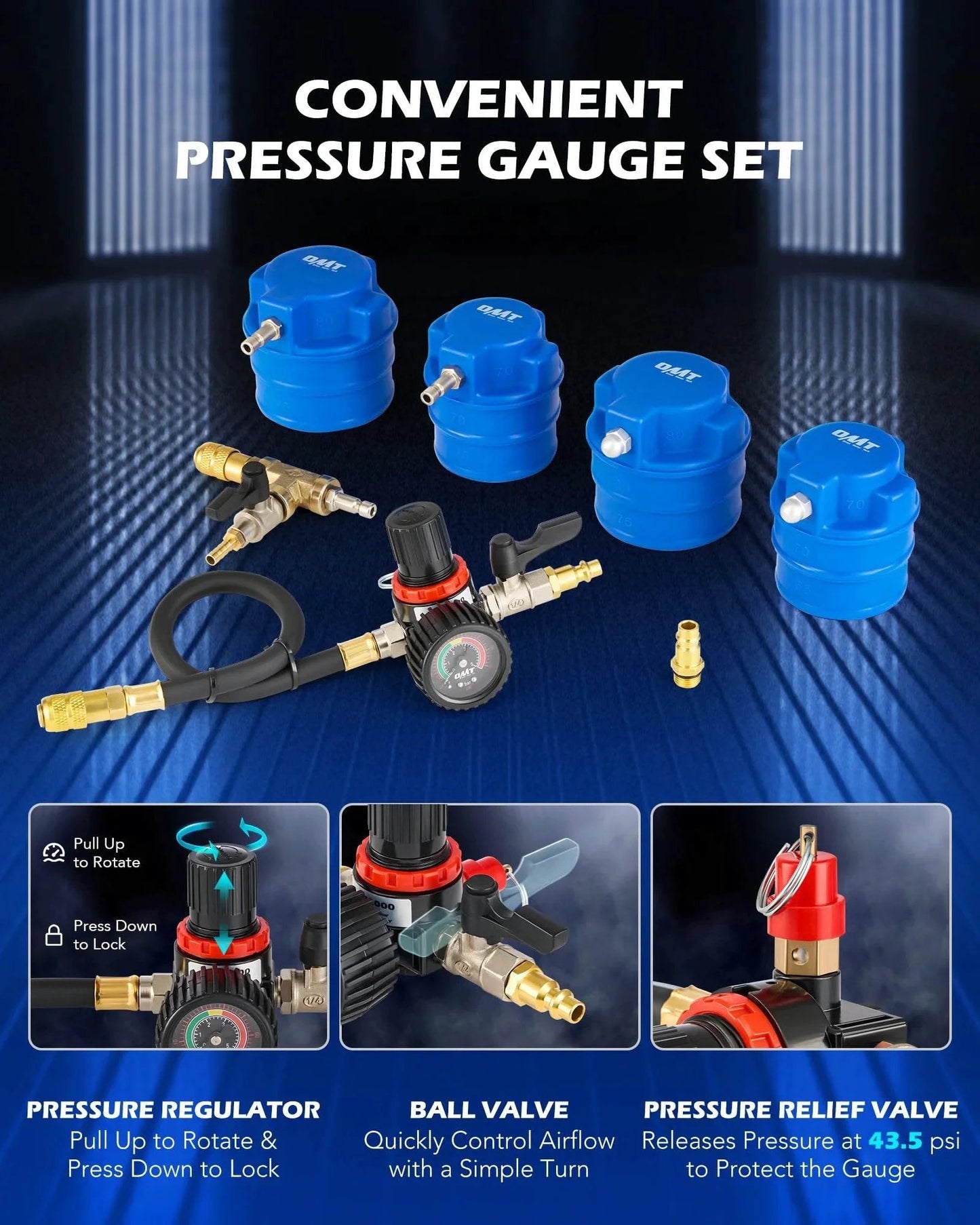 Turbo Boost Leak Tester Kit With Smoke Adapter And 6 Pairs Of Stepped Adapters 1.2 To 3.5 Inches showing pressure gauge set