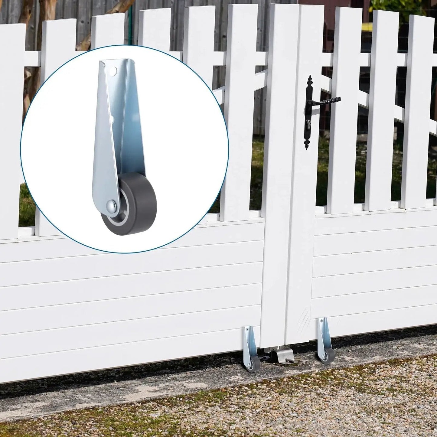 Gate Wheels For Wooden Gates Replacement Set Of 2 Caster Wheels With Anti Friction Rubber Rolling Pulley Directional Wheel For Outdoor Garden Gates Fence Cabinets Furniture Tables And Sofas installed on white fence gate