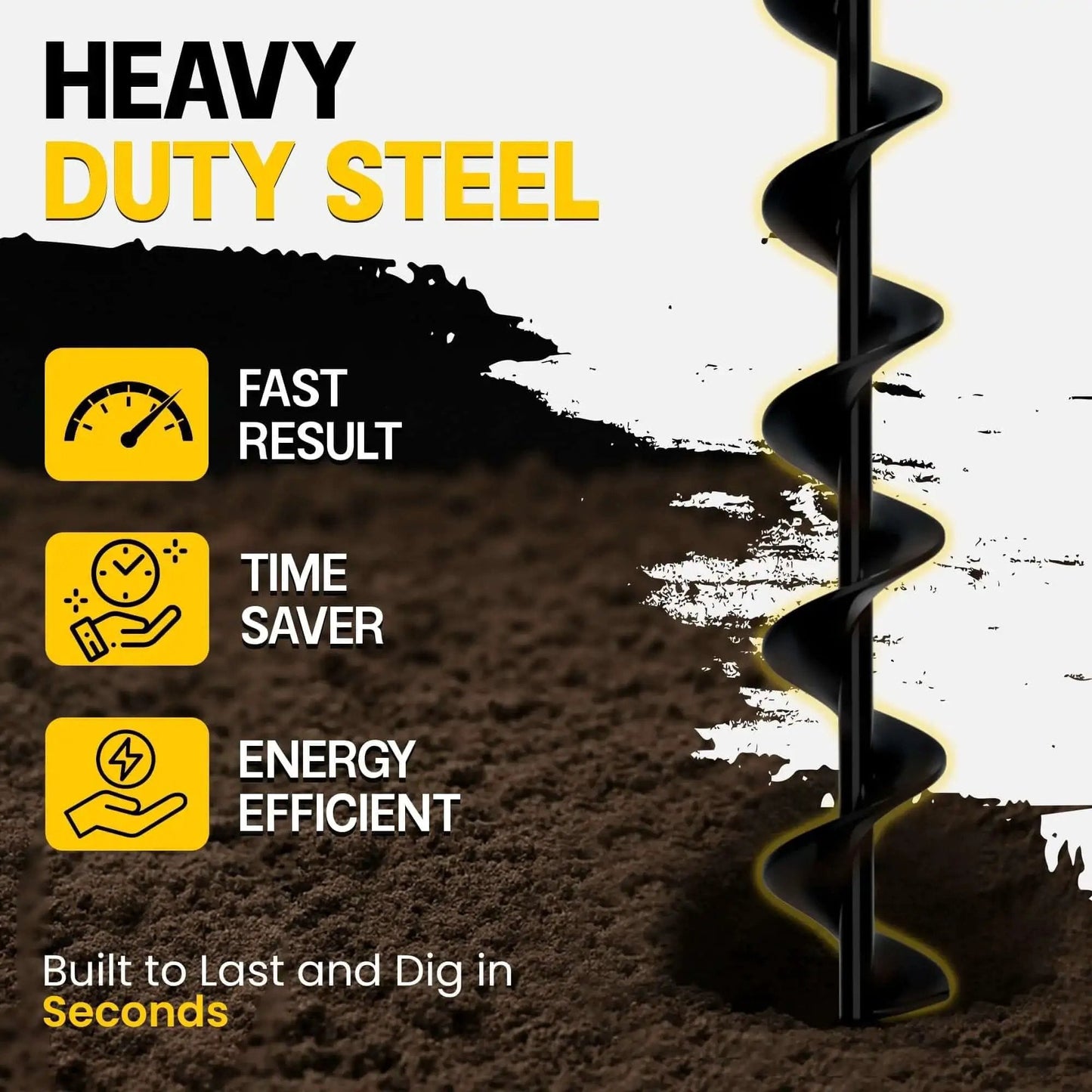 Garden Auger Drill Bit For Planting One Point Six By Sixteen Point Five Inch With Three Eighth Inch Hex Drive Fits Standard Drills Post Hole Digger For Umbrellas And Fences shown in soil with durability features.
