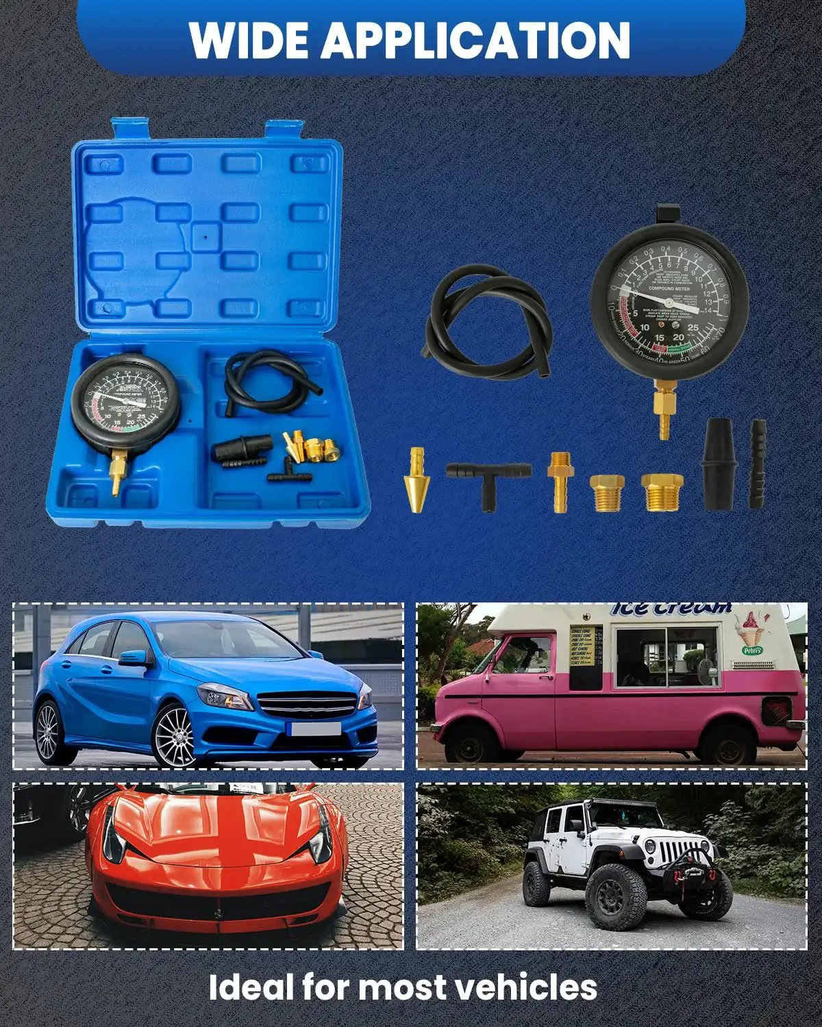 Universal Vacuum Gauge For Cars And Trucks Engine Diagnostics Kit with blue case and accessories displayed; vehicles in background.