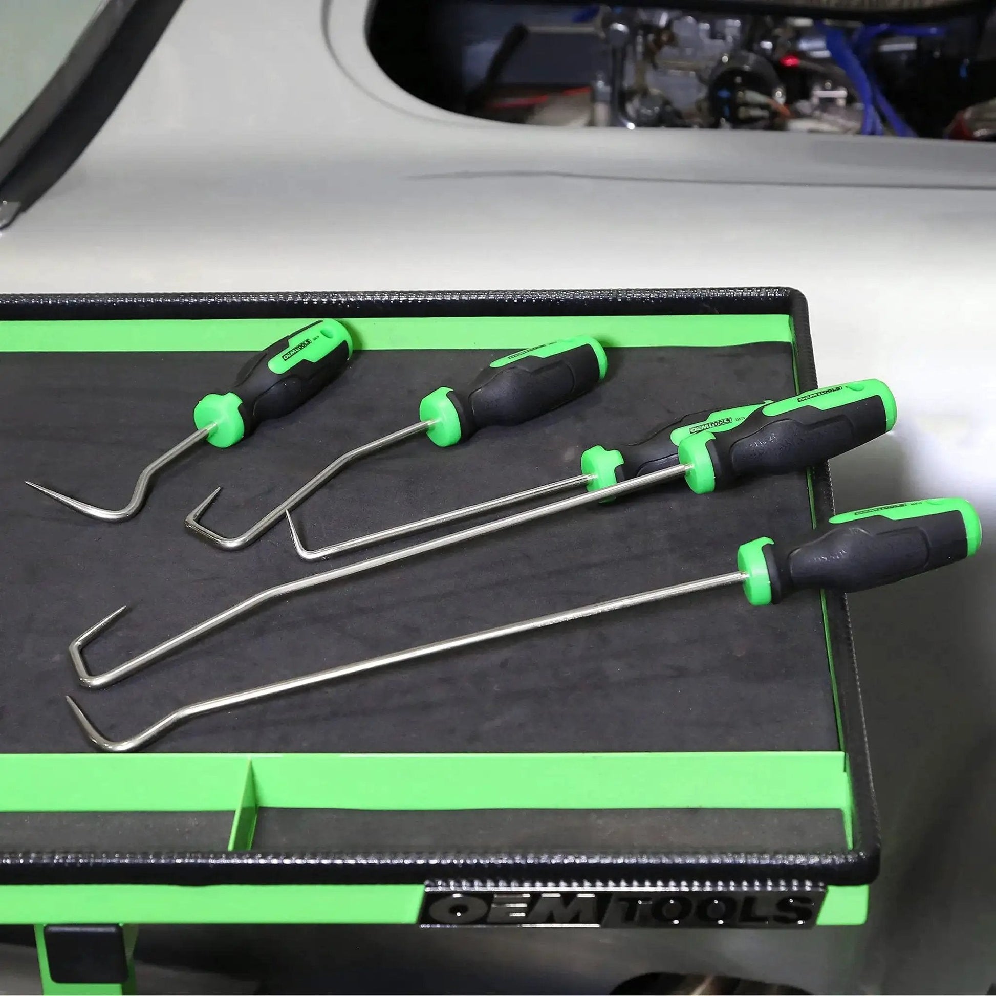 5 Piece Hose Removal Set For Radiator And Coolant Lines With Cotter Pin Tool shown in a shop setting