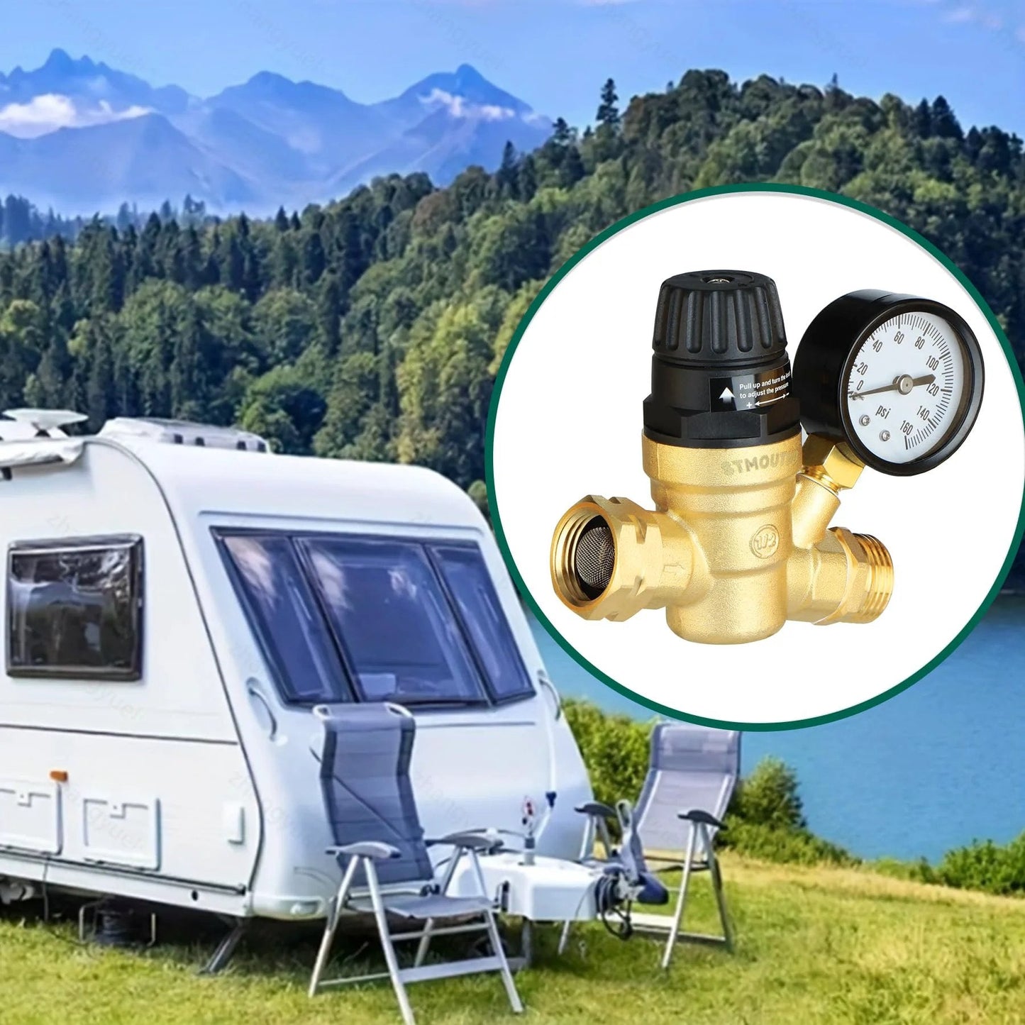 Brass Lead Free RV Water Pressure Regulator For Camper With 0-160 PSI Adjustable Gauge Built In Filter Easy Install Reducer Valve And Pipe Tape Included Premium Shield For Your RV Plumbing Against High Water Pressure next to a camper.