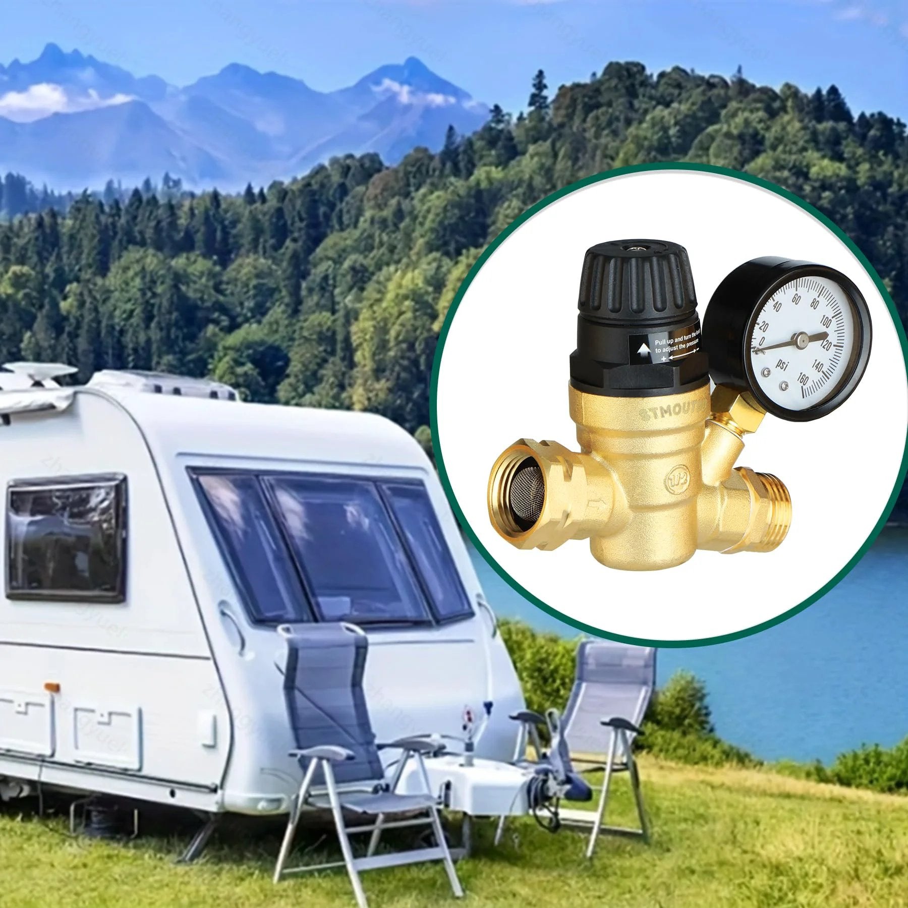 Brass Lead Free RV Water Pressure Regulator For Camper With 0-160 PSI Adjustable Gauge Built In Filter Easy Install Reducer Valve And Pipe Tape Included Premium Shield For Your RV Plumbing Against High Water Pressure next to a camper.