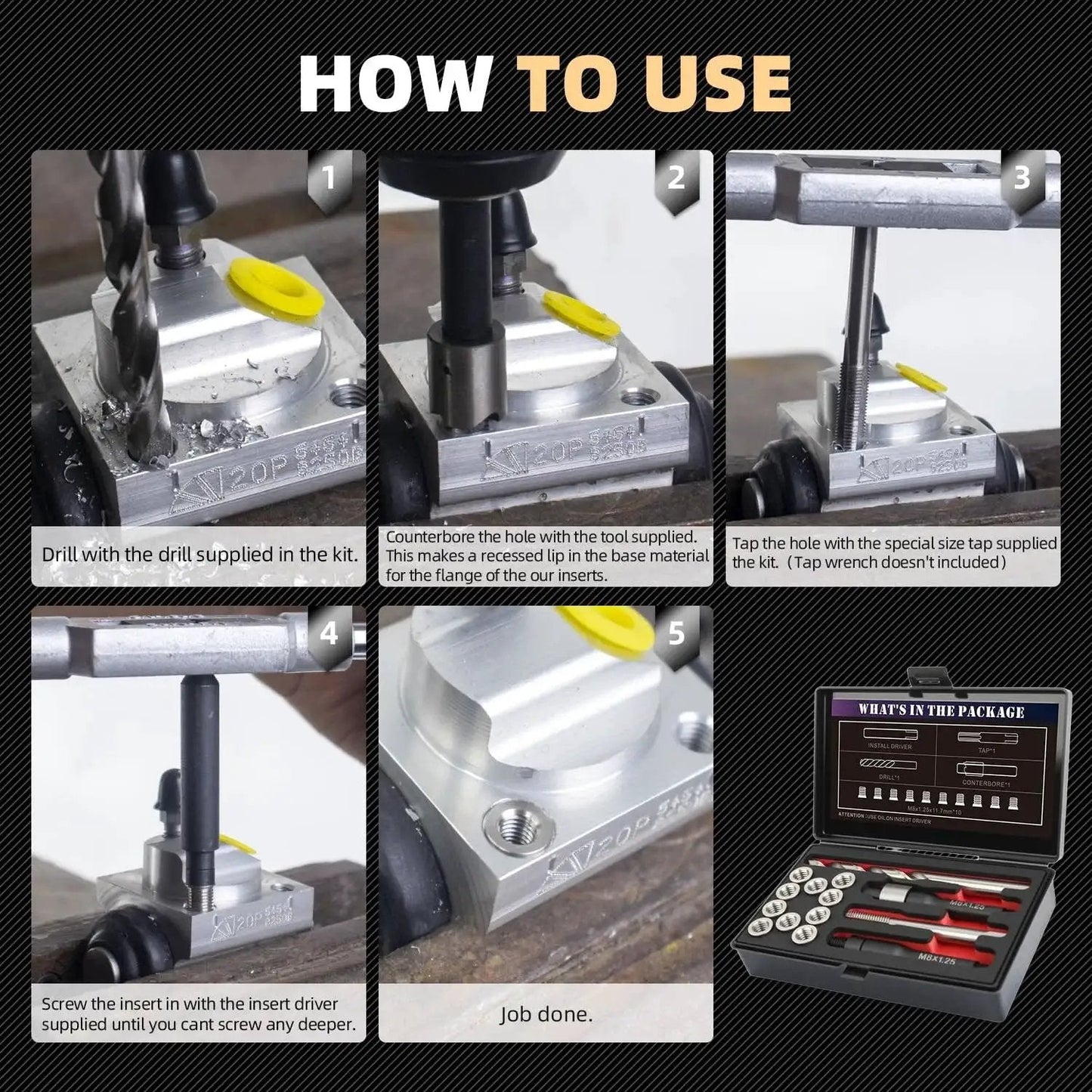 How to use M8x1.25 Thread Repair Kit With 11.7mm Stainless Inserts 10Pcs Drill Tap Driver shown in steps and package contents.