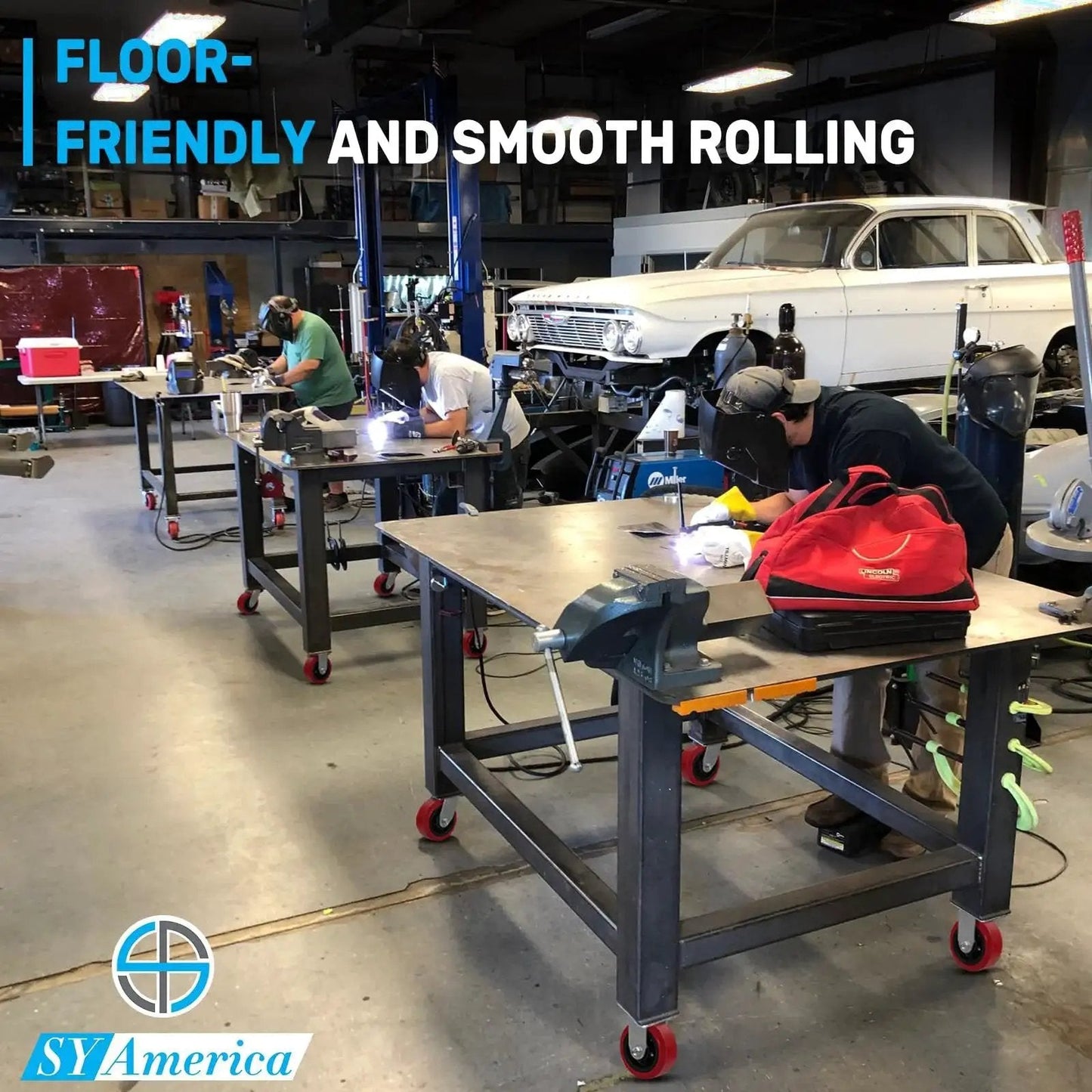 Industrial workbenches with 5 Inch By 2 Inch Heavy Duty Industrial Caster Wheels With Polyurethane On Polyolefin Core, Top Plate 4 Inch By 4.5 Inch, 2 Rigid And 2 Swivel With Top Lock Brake, 3200 Lbs Load Capacity Per Set in workshop setting.