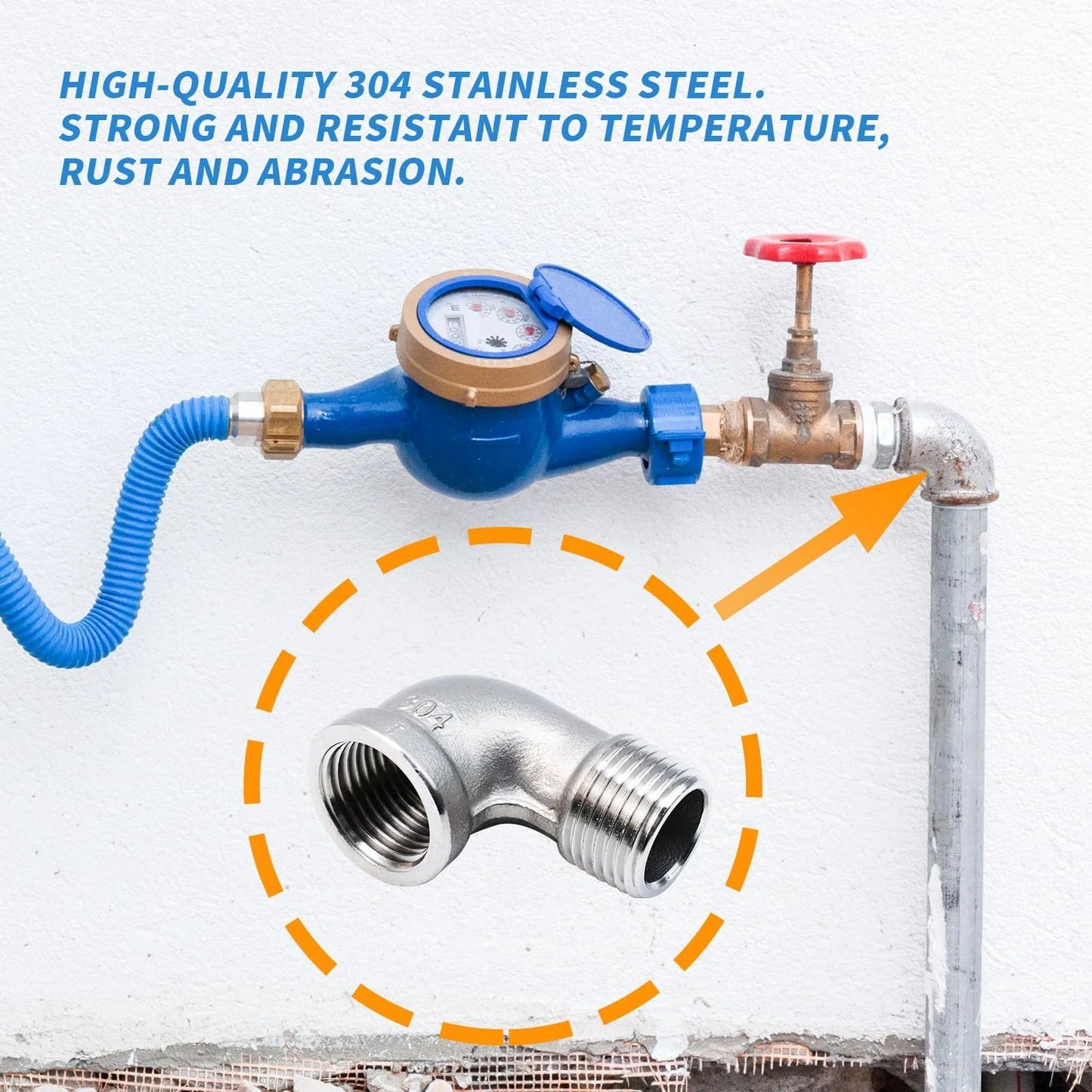 Two Pack 304 Stainless Steel 90 Degree Elbow Pipe Fittings Half Inch NPT Female To Male, installed in plumbing setup