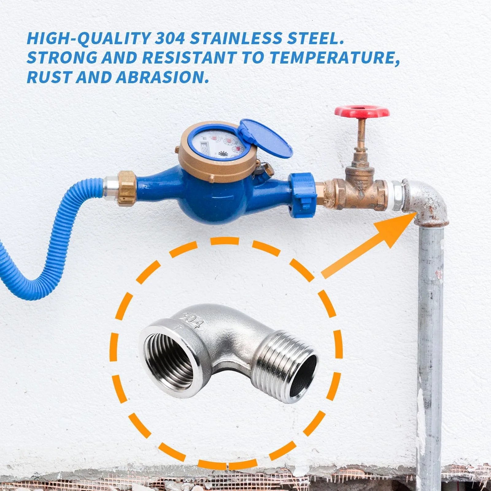 Two Pack 304 Stainless Steel 90 Degree Elbow Pipe Fittings Half Inch NPT Female To Male, installed in plumbing setup