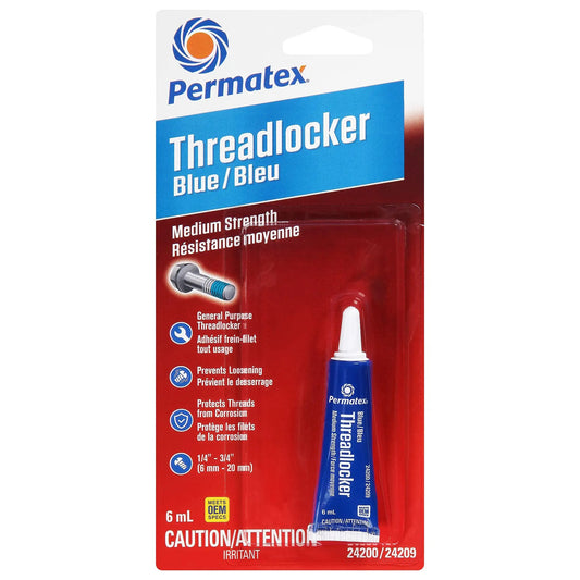 Blue Medium Strength Threadlocker That Eliminates Vibration No Drip Seals Leaks Prevents Rust And Disassembles Without Cracking Or Shrinking Permatex 27 070 6 Ml in packaging, showing 6 ml tube for automotive and home use.