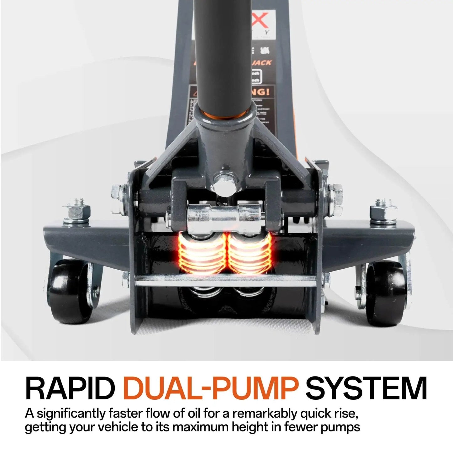 Close-up of Low Profile 3 Ton Hydraulic Floor Jack With Dual Pistons And Quick Lift, showcasing rapid dual-pump system.