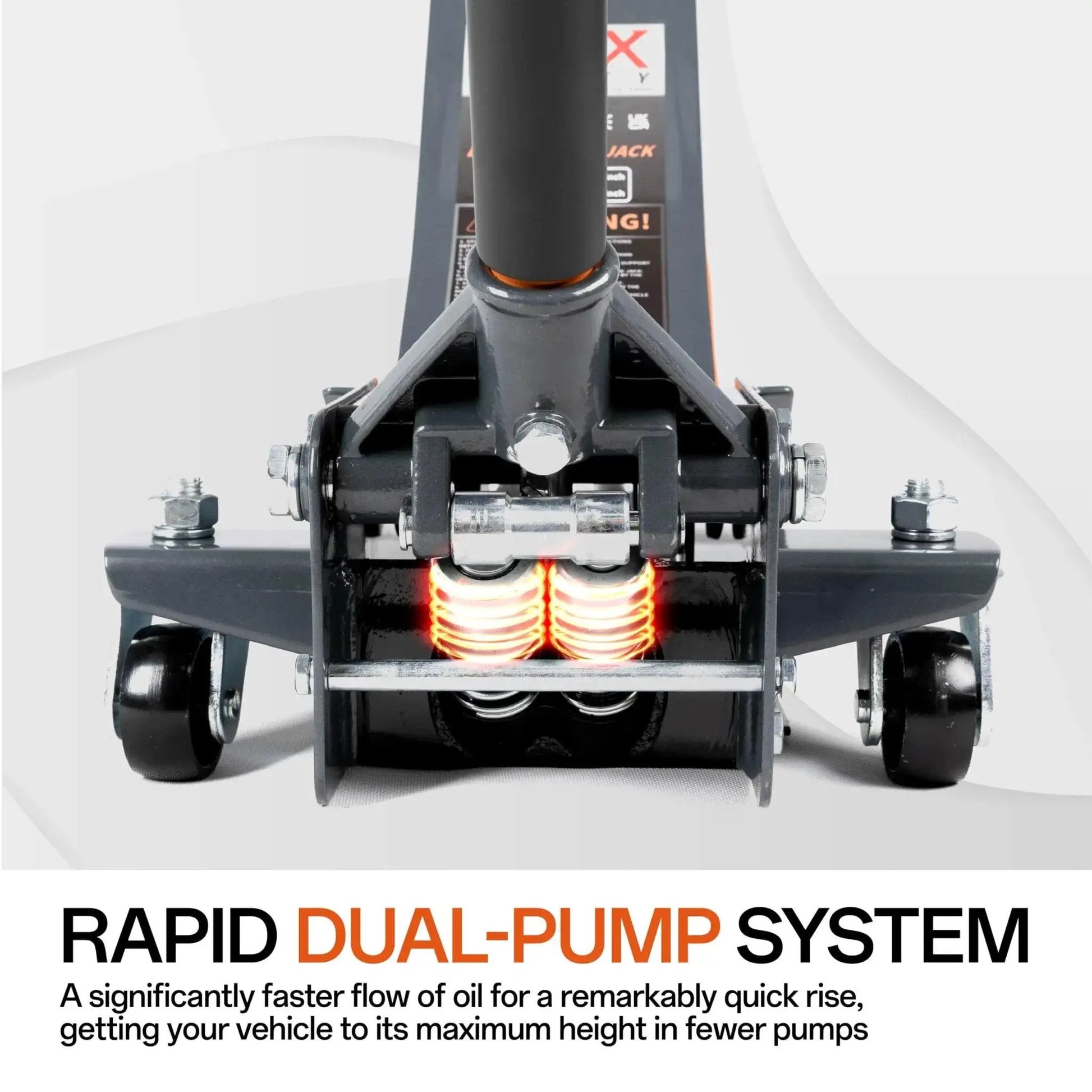 Close-up of Low Profile 3 Ton Hydraulic Floor Jack With Dual Pistons And Quick Lift, showcasing rapid dual-pump system.