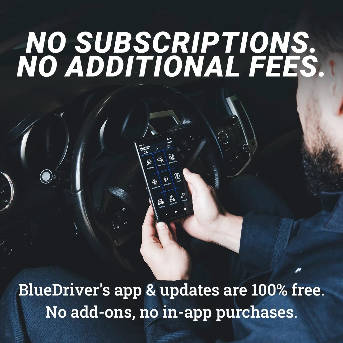 Person using Pro Bluetooth OBDII Car Diagnostic Tool for iPhone and Android No Subscription Fee Reads and Clears Codes for Check Engine ABS SRS Airbag and 7000 Plus Issues BlueDriver app in car.