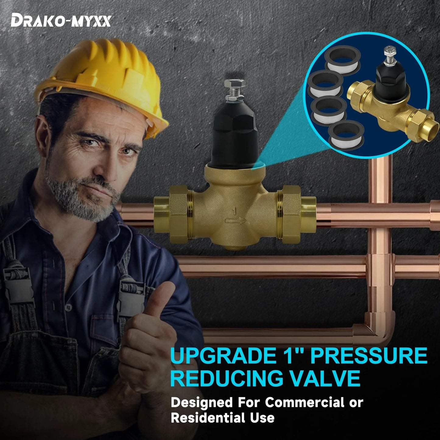 Upgraded 1 Inch NR3XL Pressure Reducing Valve With Double Union FNPT Connection Stainless Steel Screen Strainer displayed against pipes