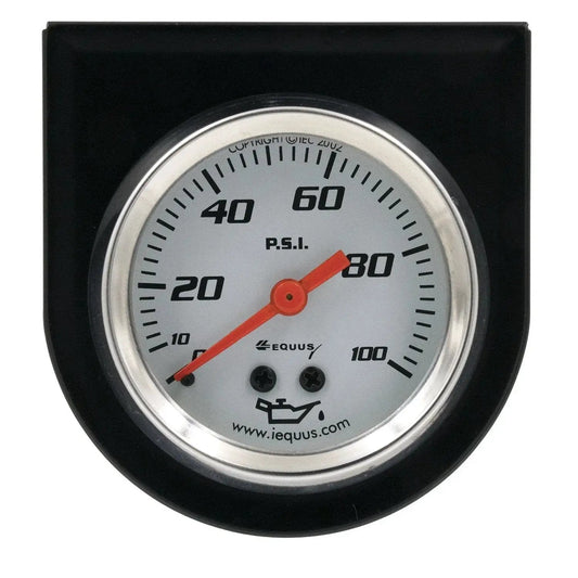 Front view of Two Inch Mechanical Oil Pressure Gauge White Backlit Display For Night Use With 0 To 100 Psi Range And 0 To 70 KPa