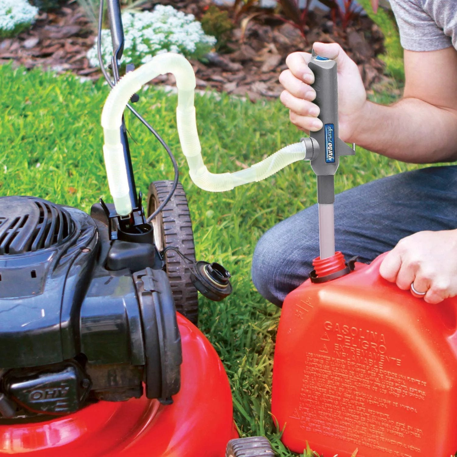 Turbo Pump Automatic Liquid Transfer Pump Cordless With Three Foot Hose Auto Stop Sensor Turbo Siphon Technology Delivers Fast Liquid Transfer And Drains To The Last Drop With A Powerful Impeller Up To Two And A Half Gallons Per Minute Ontel used with a gas can to transfer fuel.