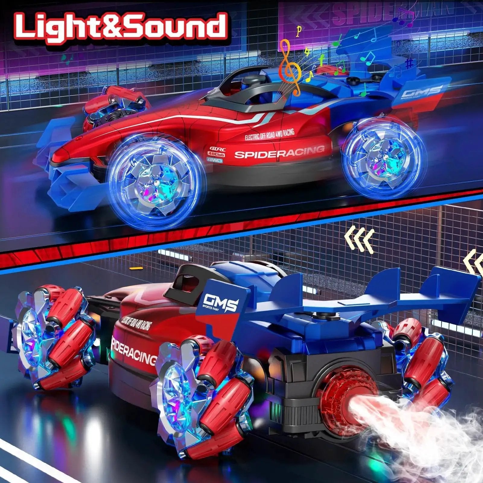 Two Point Four GHz Monster RC Truck With Lights And Music For Off Road Stunts, colorful LED wheels and exhaust detail front and rear view