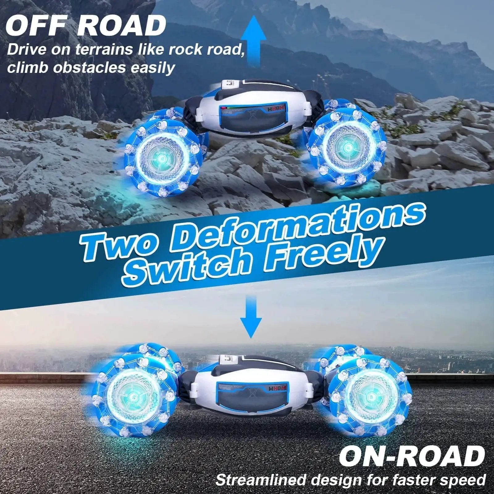 Gesture Sensing RC Stunt Car For Kids And Teens, showcasing off-road and on-road modes with lit wheels.