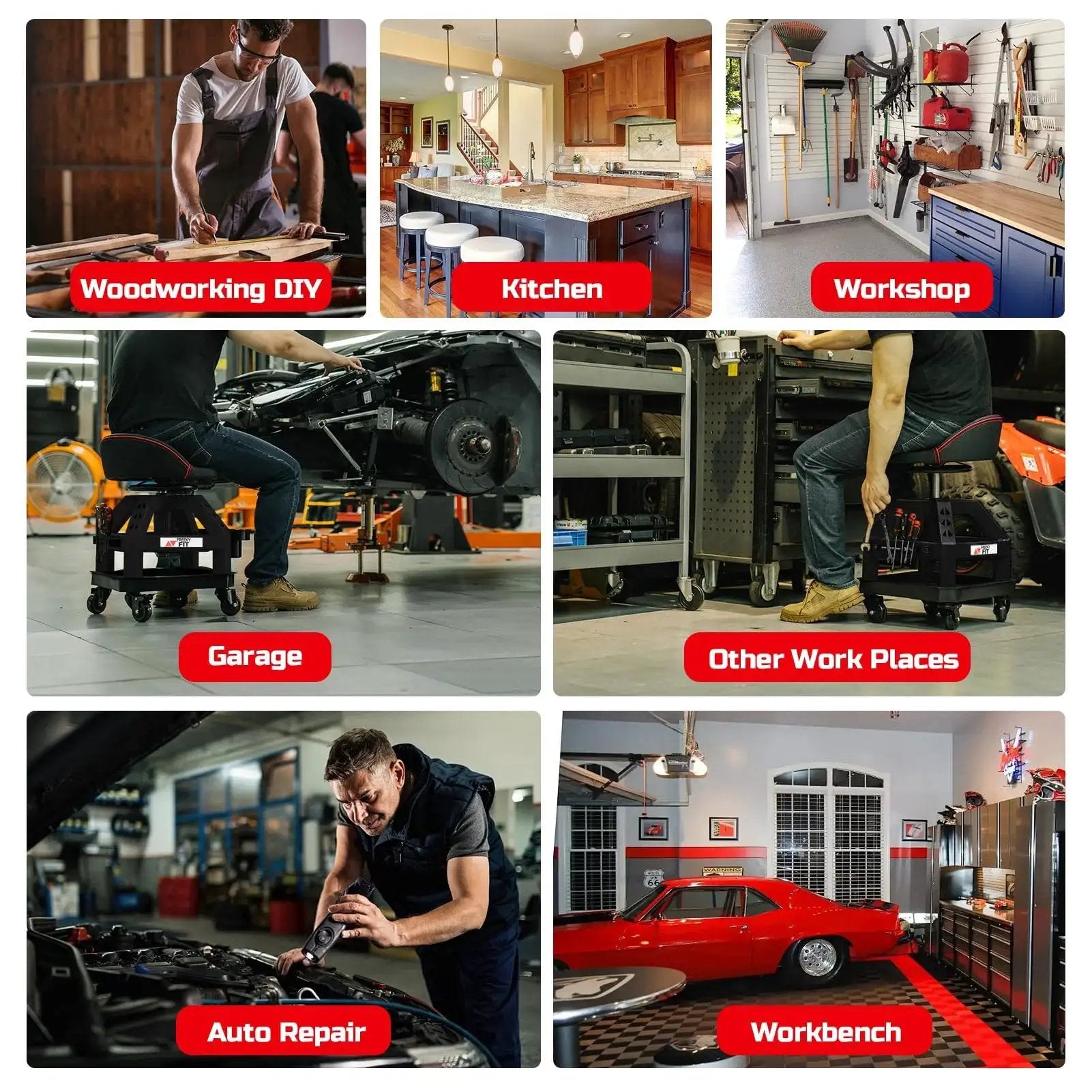 Various uses of the Rolling Shop Stool For Garage With Casters Adjustable Height 360 Degree Swivel Padded Mechanic Stool