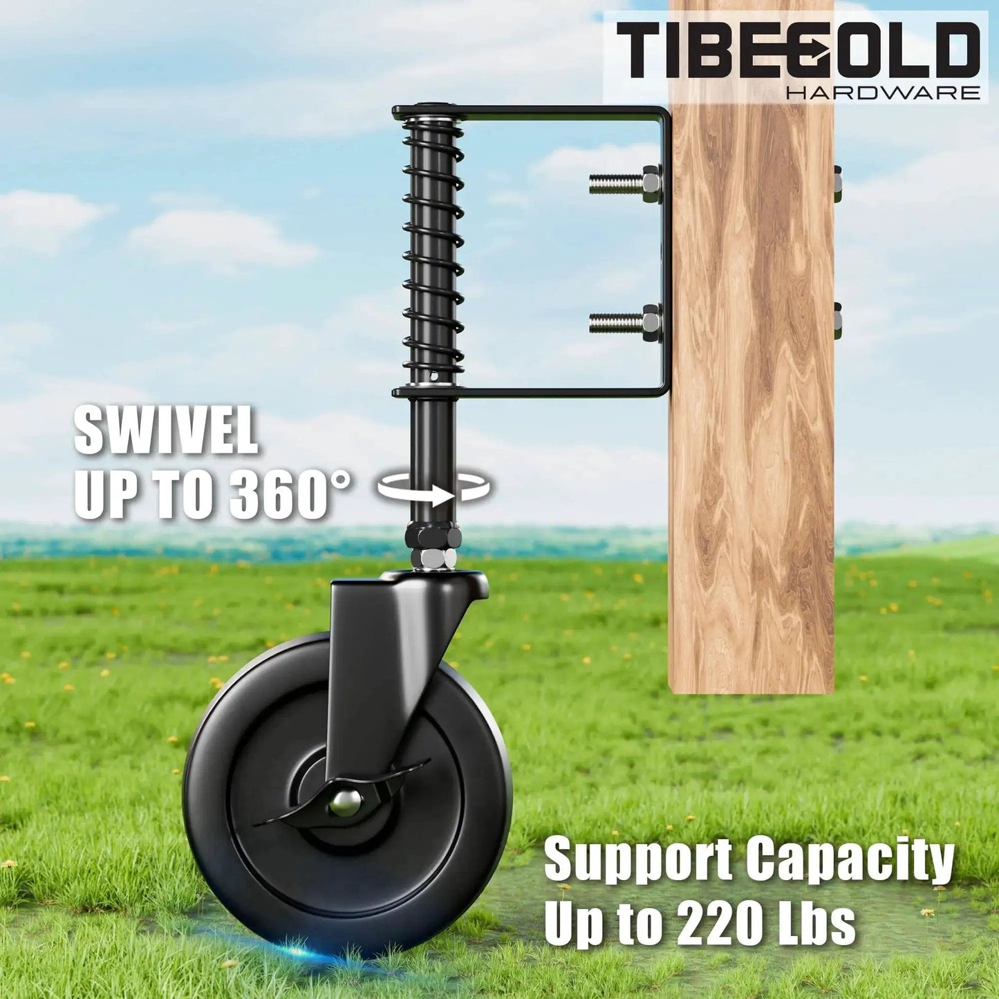 5 Inch Spring Loaded Gate Caster With Side Brake For Outdoor Wooden Gates And Fences, Heavy Duty Wheel With 360 Degree Swivel, Anti Sag Gate Kit, 220 Lb Capacity, Black, 1 Pack attached to wooden gate on grass