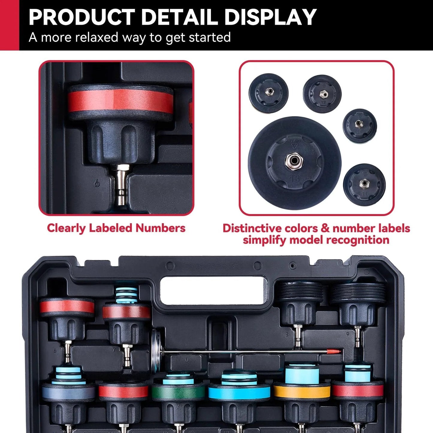 Versatile 30-Piece Radiator Pressure Tester Kit With Coolant Pressure Tester And Vacuum Refill Tool in case with color-coded caps