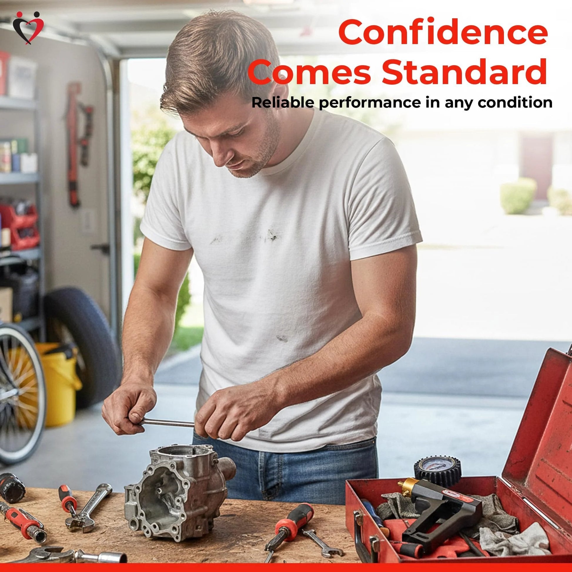 Man working on car part in garage with tools and red toolbox, "Confidence Comes Standard" text above.