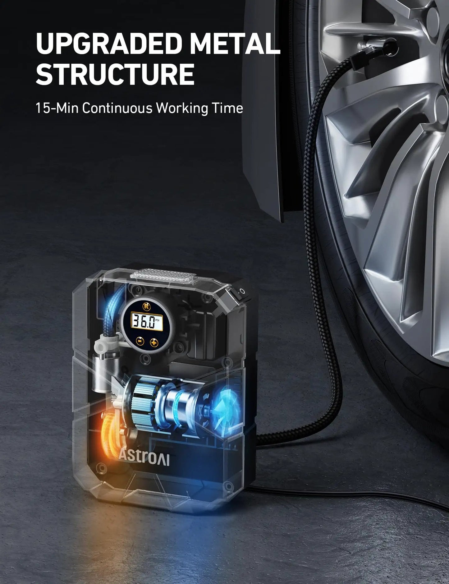 Portable 12V Tire Inflator With Digital Gauge And Auto Shutoff Preset To 150 PSI For Cars Motorcycles Bicycles And Inflatables On The Go Built In Quick Connect Nozzle AstroAI close-up of inflator connected to car tire.