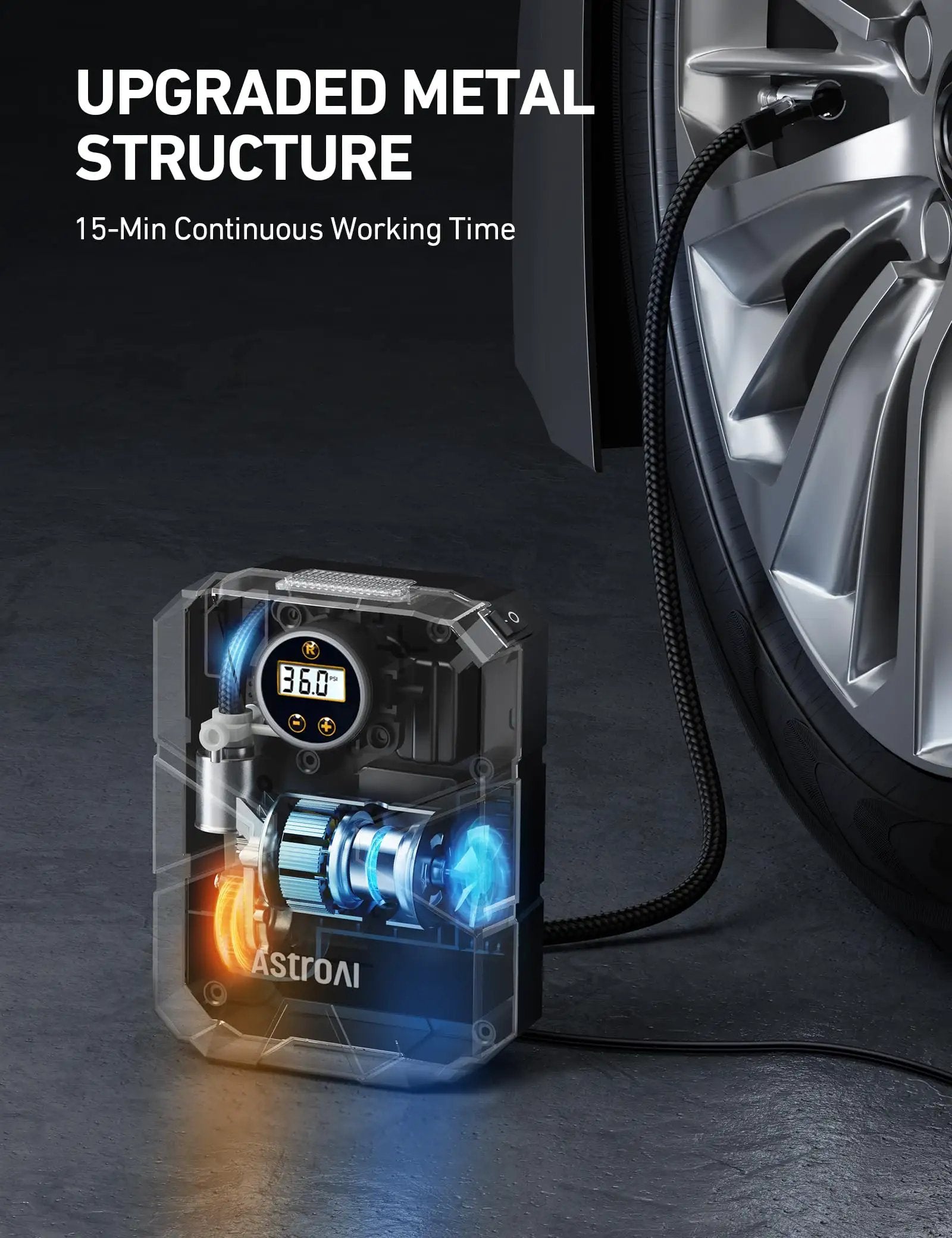 Portable 12V Tire Inflator With Digital Gauge And Auto Shutoff Preset To 150 PSI For Cars Motorcycles Bicycles And Inflatables On The Go Built In Quick Connect Nozzle AstroAI close-up of inflator connected to car tire.