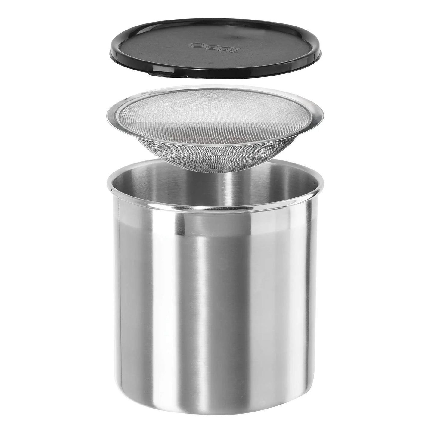 Stainless Steel Jumbo Grease Container With Removable Strainer And Snug Lid, shown with strainer and lid elevated.