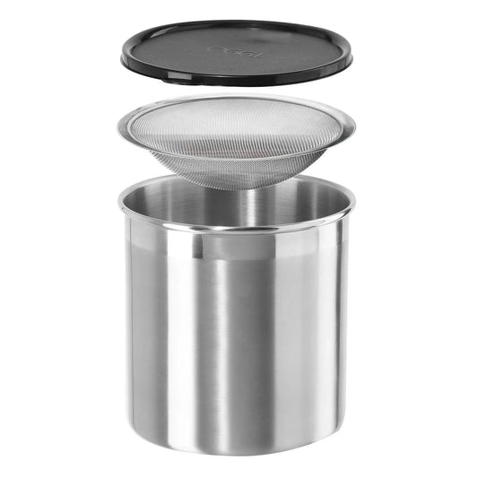 Stainless Steel Jumbo Grease Container With Removable Strainer And Snug Lid, shown with strainer and lid elevated.