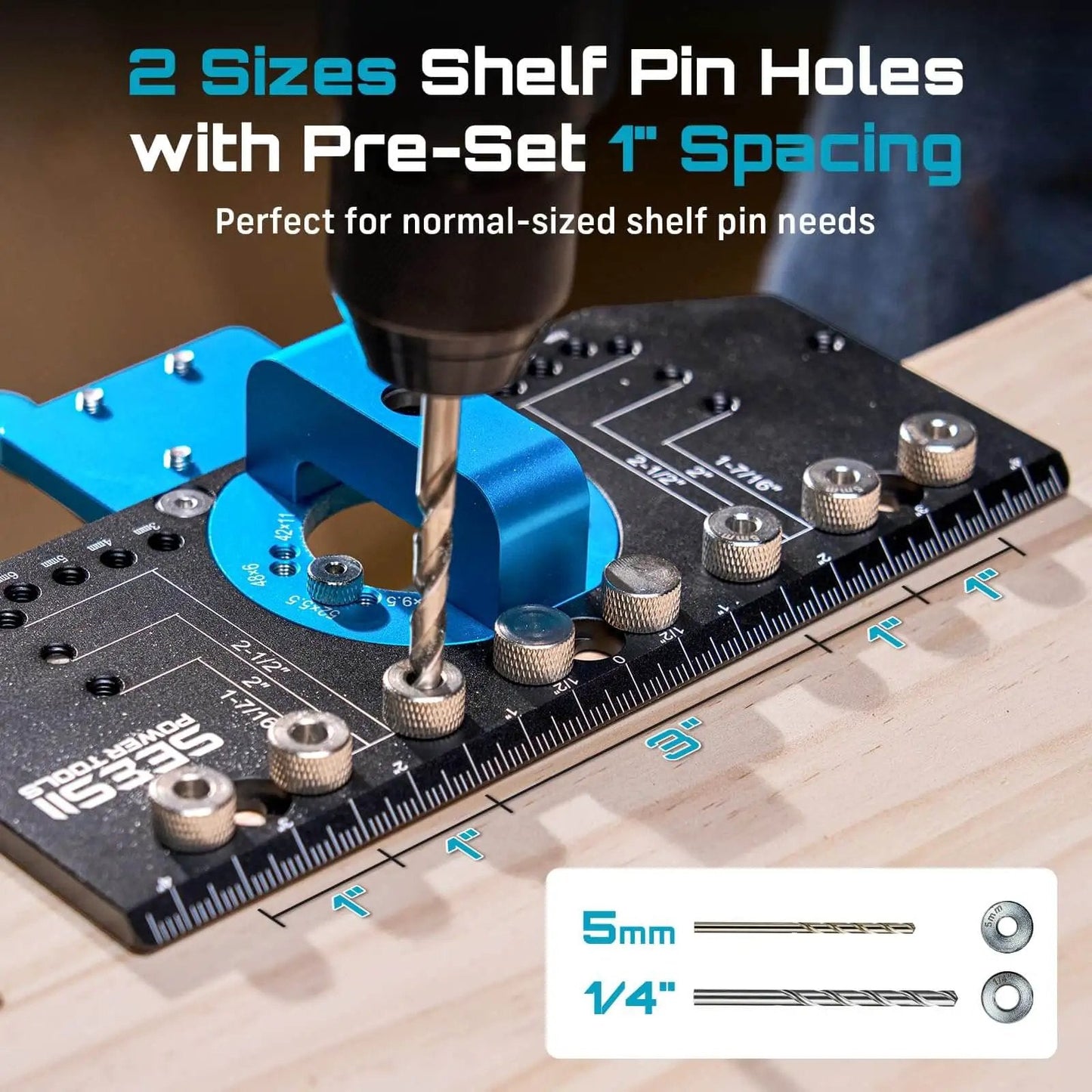 Three In One Cabinet Hardware Jig Made From Aluminum Alloy For 35mm Concealed Hinges With 5mm And One Quarter Inch Shelf Pin Holes
