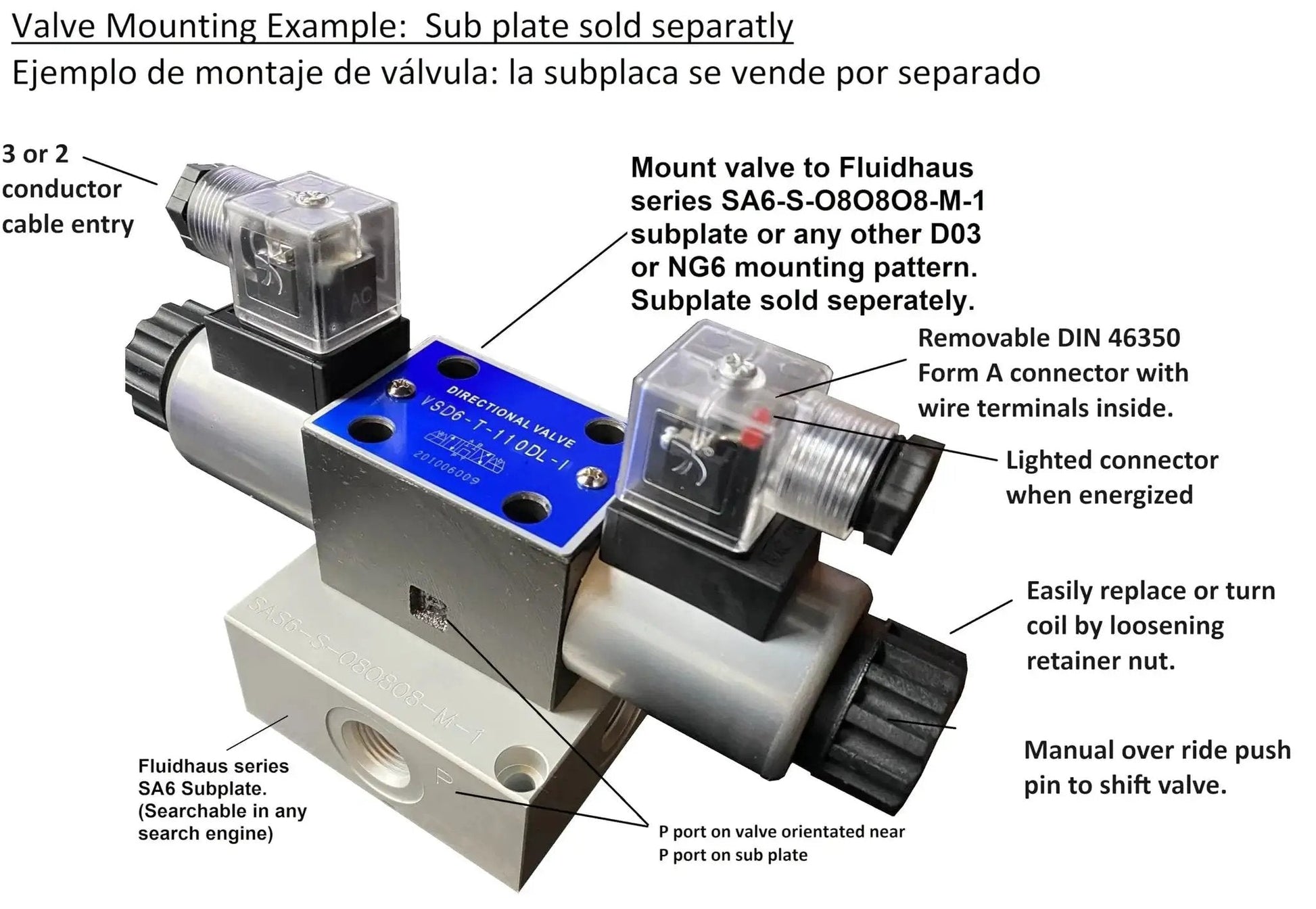 Pro Grade Heavy Duty Hydraulic Electric Solenoid Valve D03 NG6 With 12VDC DIN Connector, featuring mounting instructions and wiring notes.