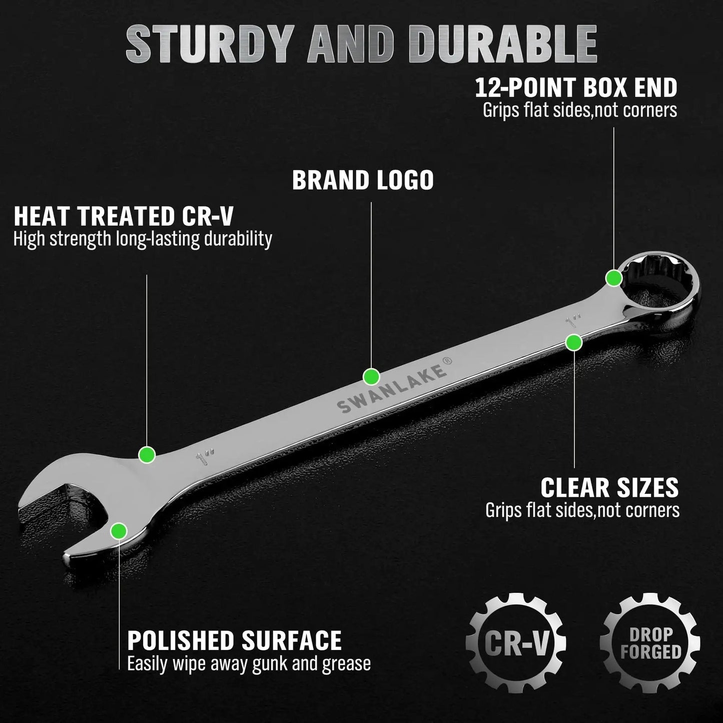 Detailed view of a long box-end wrench from Six Piece Large Wrench Set With Long Box End Wrenches Ranging From 15/16 Inch To 1 1/4 Inch Including Rolling Pouch 12 Point Combination Wrenches Heat Treated CR V Steel With Chrome Finish For Rust Resistance And Durable Garage Use, showing polished surface and CR-V logo.