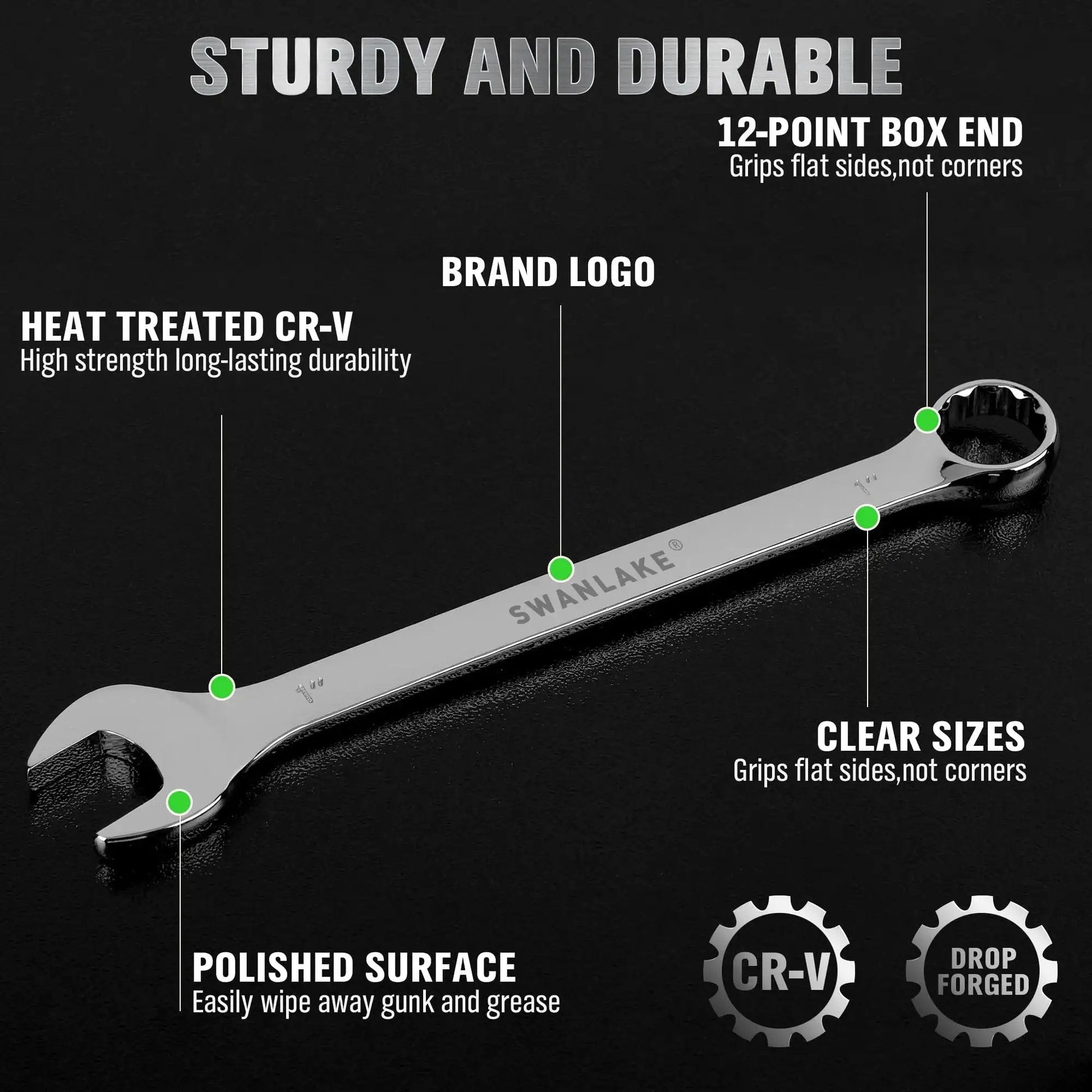 Detailed view of a long box-end wrench from Six Piece Large Wrench Set With Long Box End Wrenches Ranging From 15/16 Inch To 1 1/4 Inch Including Rolling Pouch 12 Point Combination Wrenches Heat Treated CR V Steel With Chrome Finish For Rust Resistance And Durable Garage Use, showing polished surface and CR-V logo.