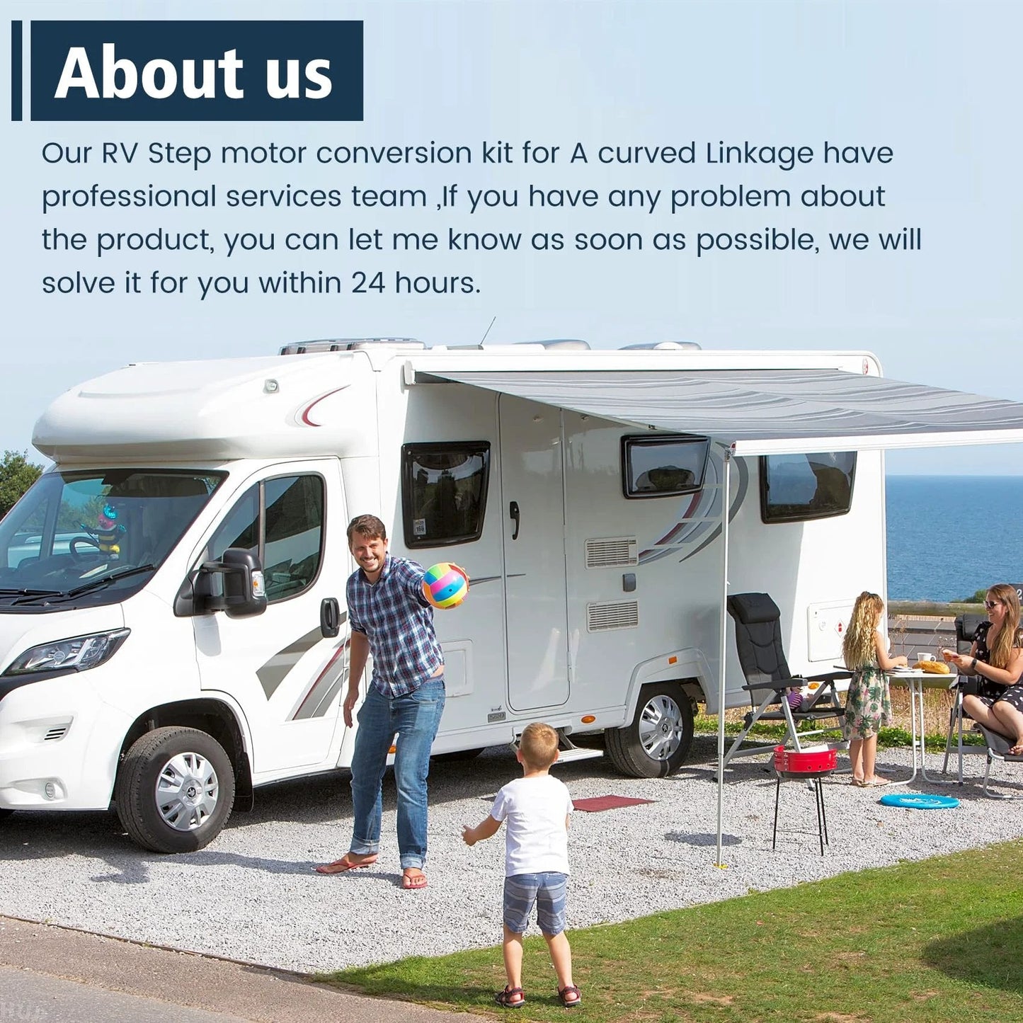 Family enjoying outdoor space next to RV equipped with curved linkage conversion kit for Kwikee 22 23 28A 30 32 33 steps.