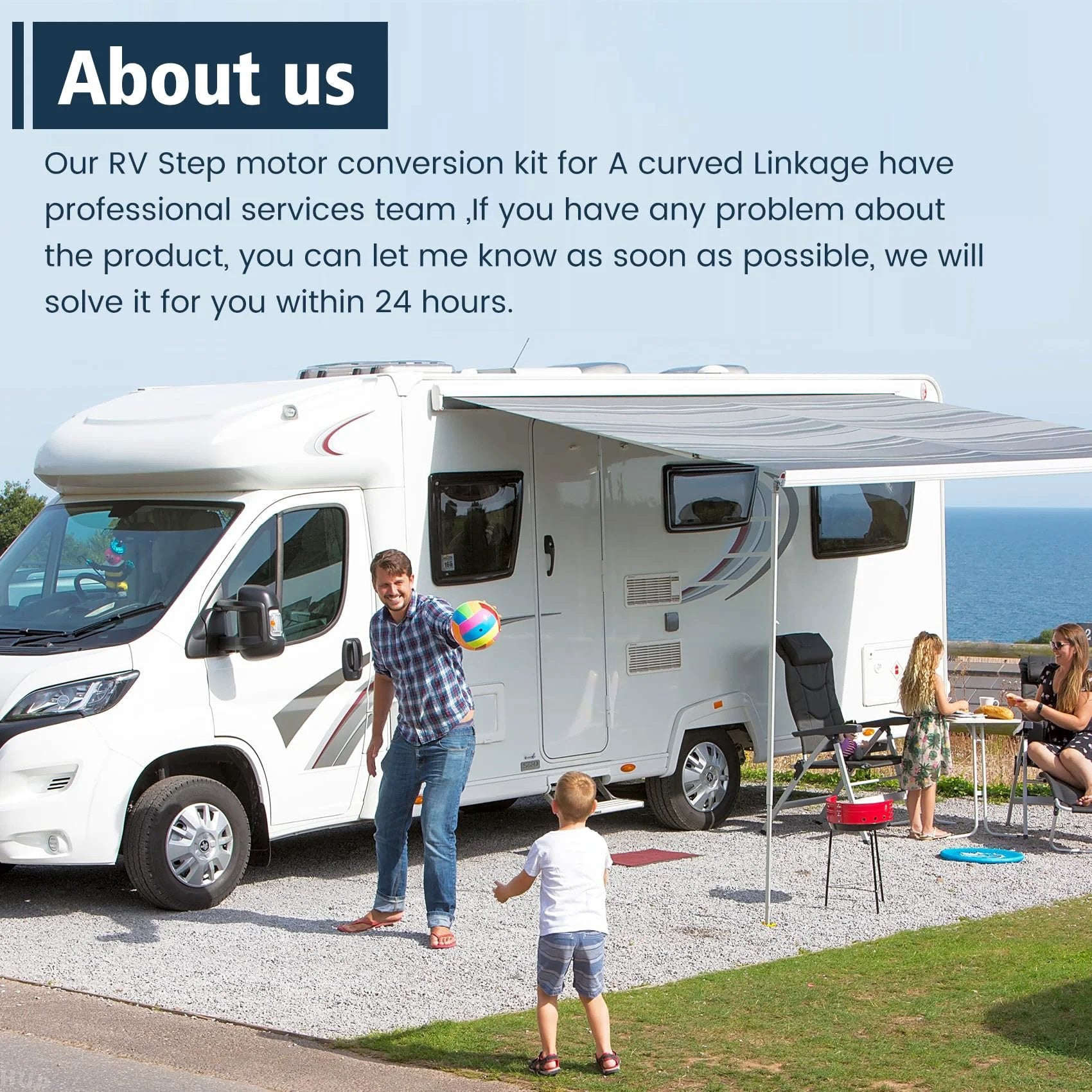 Family enjoying outdoor space next to RV equipped with curved linkage conversion kit for Kwikee 22 23 28A 30 32 33 steps.