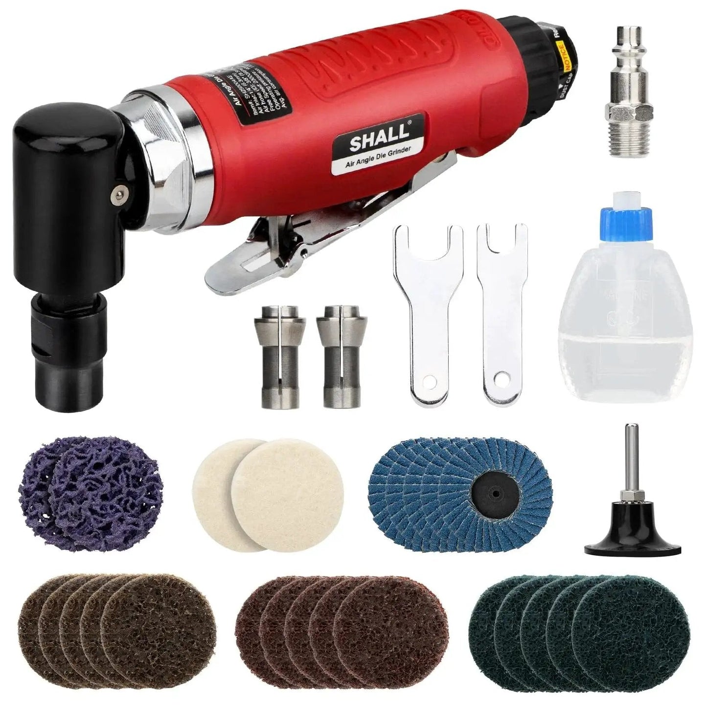 Right Angle Die Grinder Kit With 90 Degree Head 1/4 Inch And 1/8 Inch Collets 24 Sanding Discs Air Connector Lubricant And Chuck Keys Included 20,000 RPM Perfect For Grinding Polishing Deburring Engraving And Rust Removal with accessories.