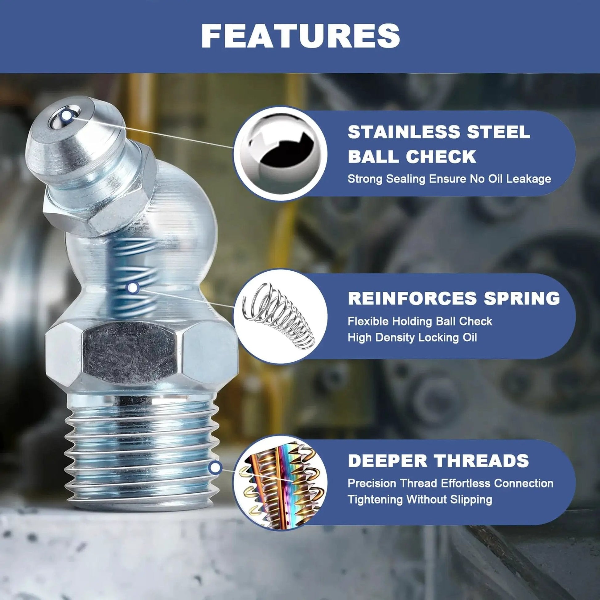 Close-up of zerk fitting from Grease Fittings Assortment Kit with SAE and Metric, highlighting stainless steel and deeper threads.