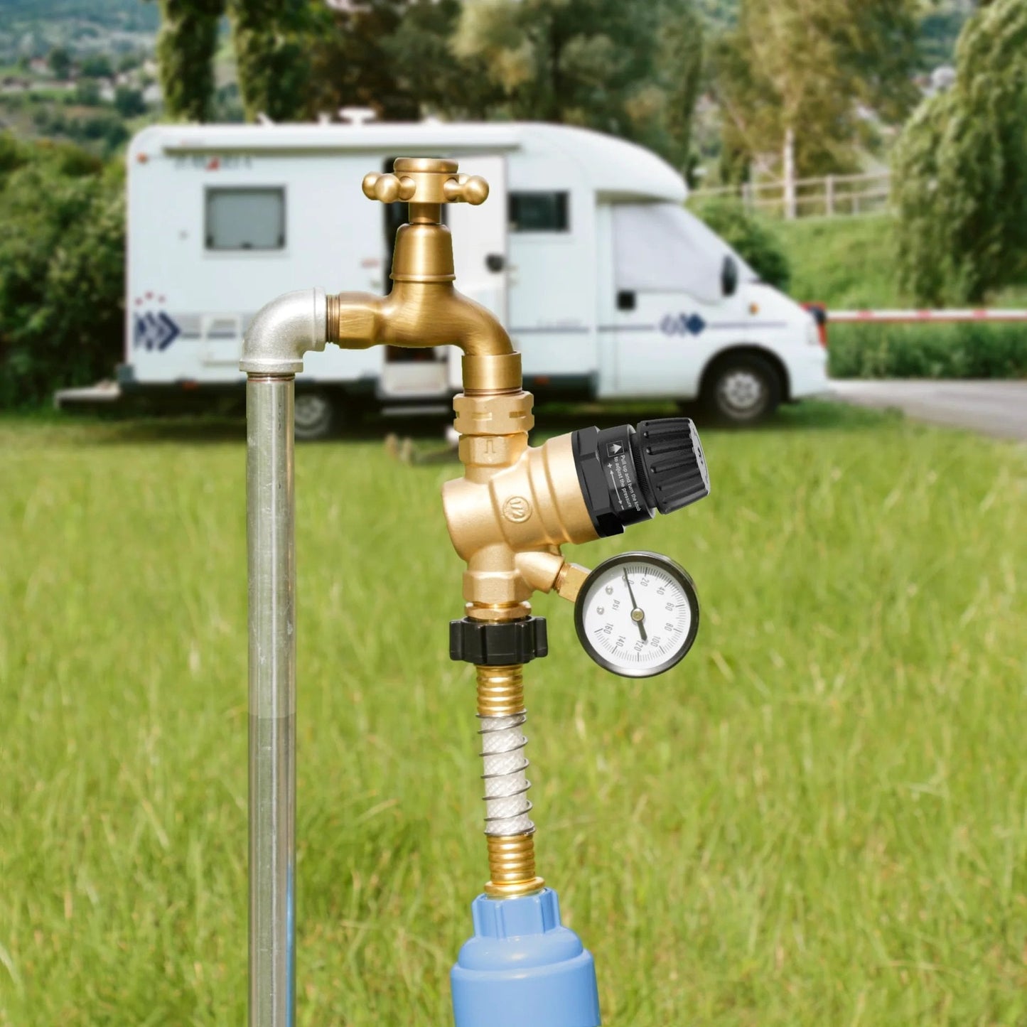 Brass Lead Free RV Water Pressure Regulator With Gauge And Inlet Filter For Campers And Travel Trailers installed outdoors