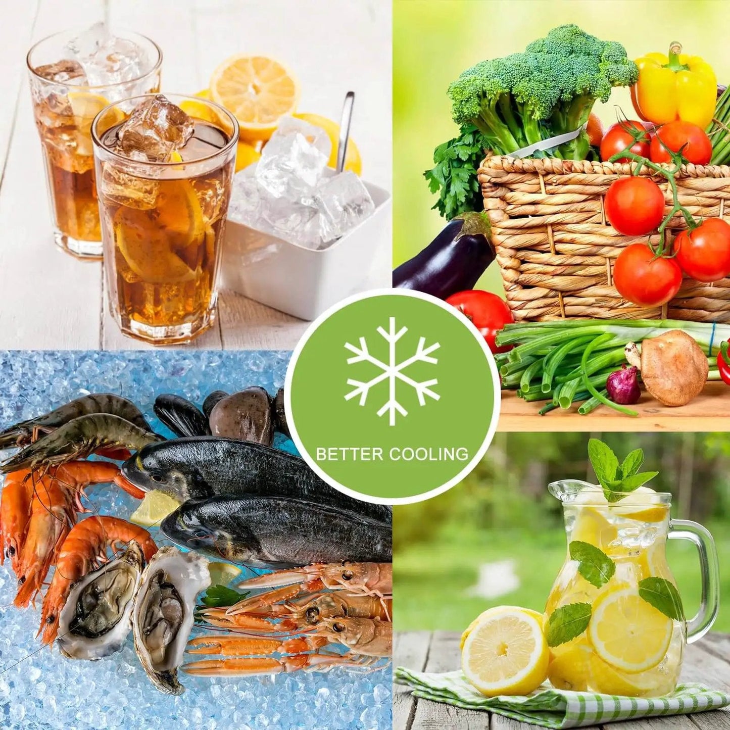 Collage of iced drinks, fresh vegetables, seafood on ice, lemonade, text 'Better Cooling' highlighting refrigeration benefits
