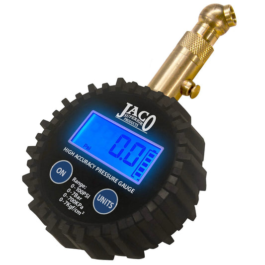 Elite Digital Tire Pressure Gauge For Pro Car Maintenance With 100 PSI Range ANSI 2A Certified To 0.50 Percent Full Scale 0.10 PSI Readout Rugged And Reliable For Quick Precise Tire Checks On The Go showing blue digital display and rugged design