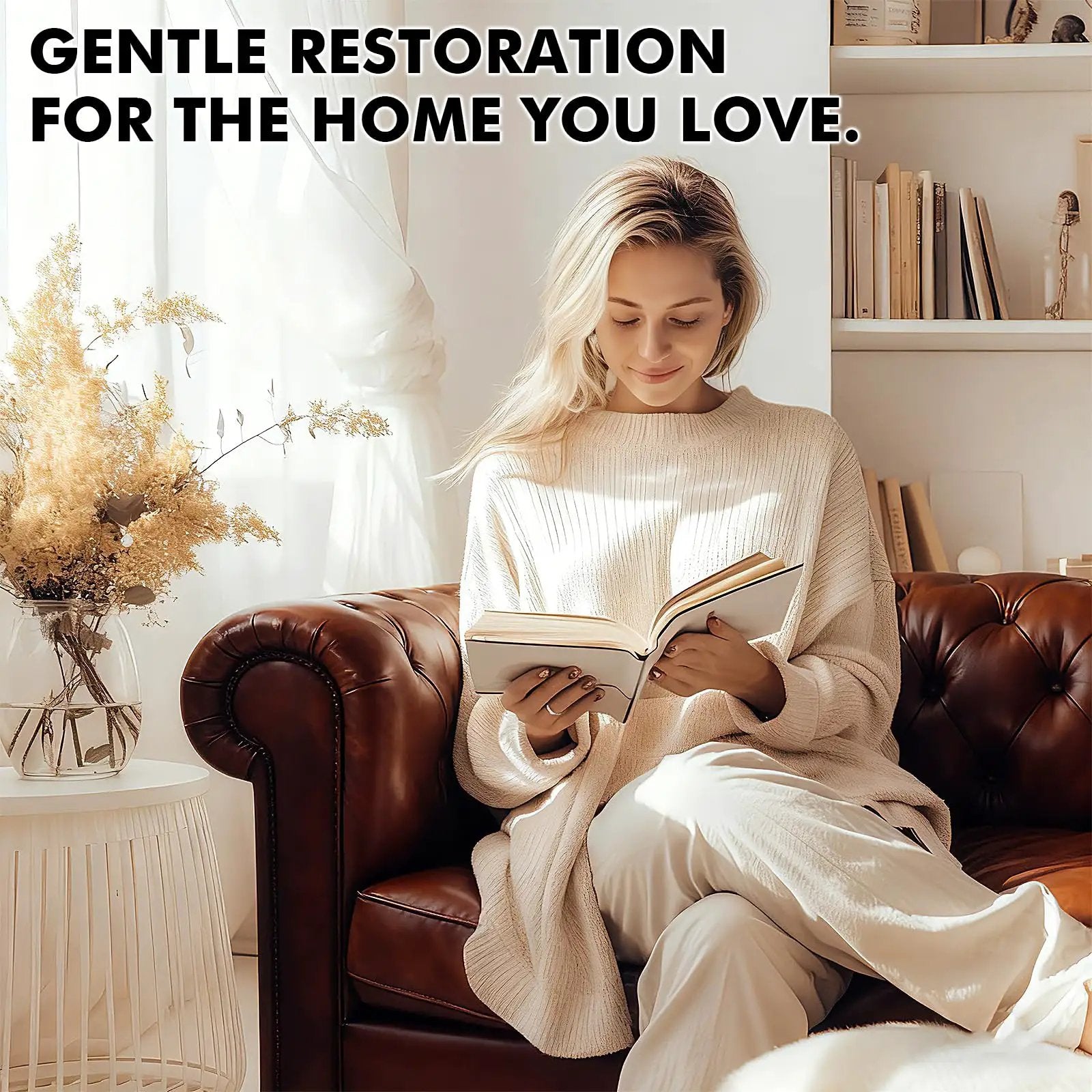 Person reading on a dark brown leather couch, showcasing the effectiveness of Dark Brown Leather Recoloring Balm for Furniture Repair And Restoration Startso World Leather Dye And Color Restorer For Couches Perfect For Faded And Scratched Leather.