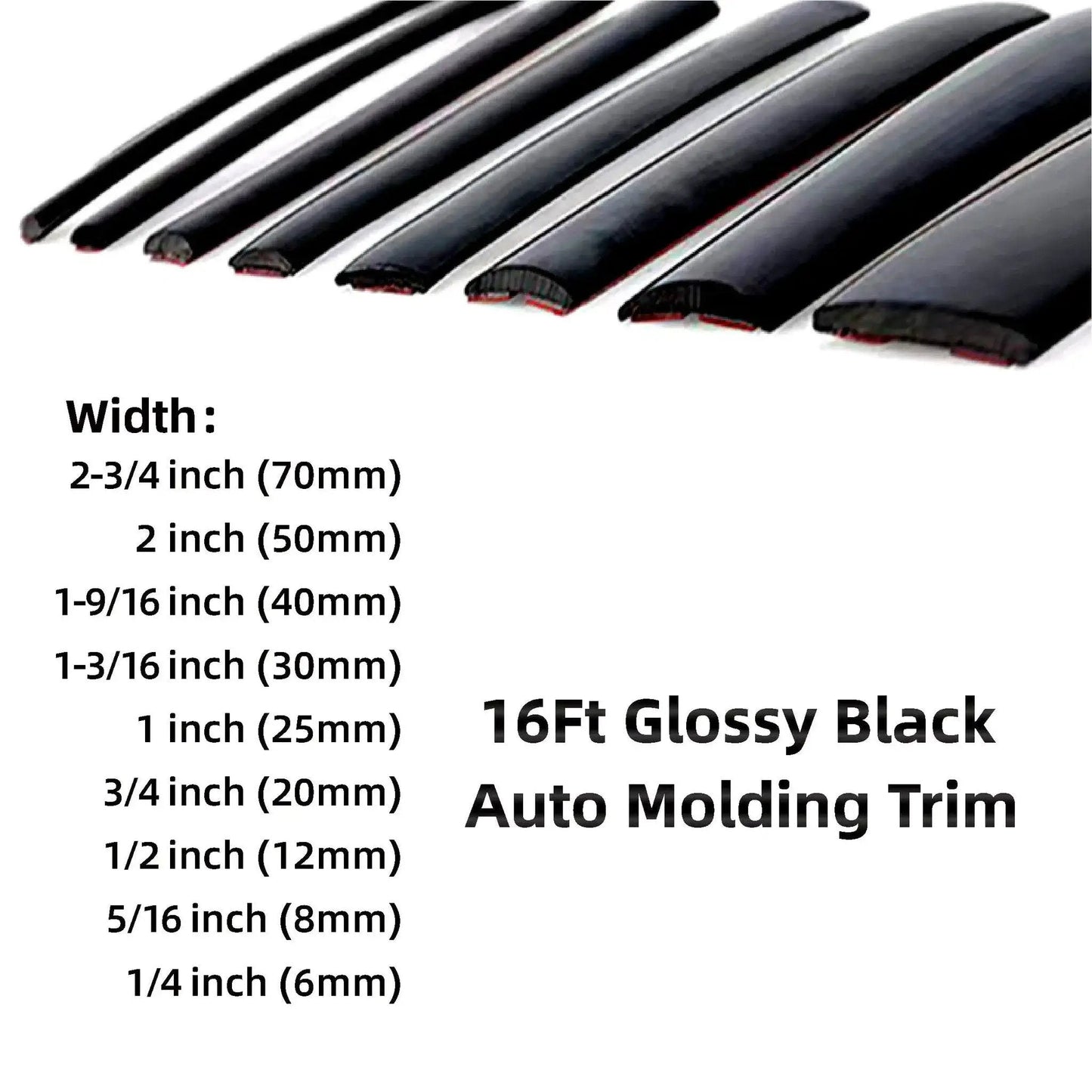 Variety of 16 Foot Glossy Black Car Exterior Interior Molding Trim Self Adhesive Universal showing different widths