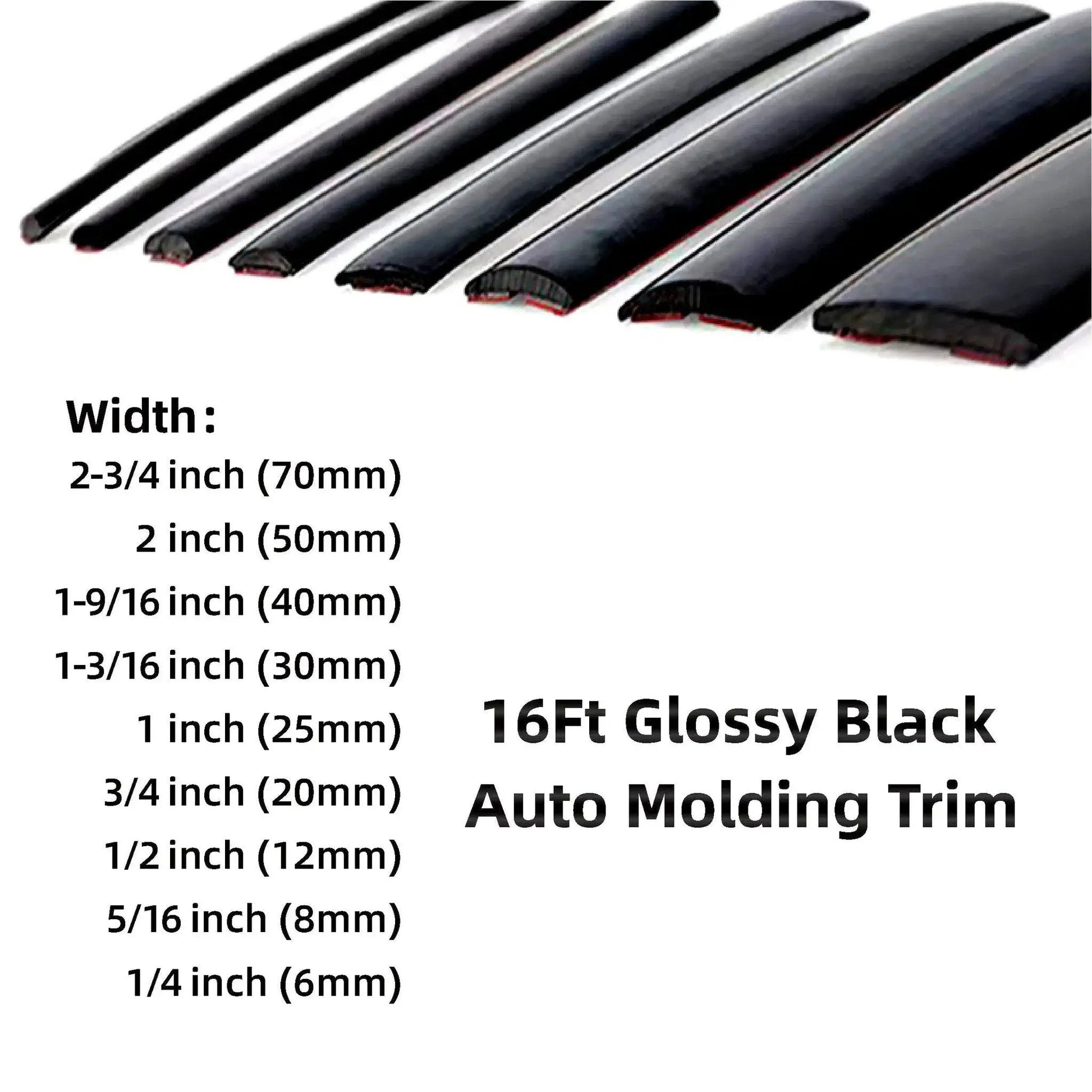 Variety of 16 Foot Glossy Black Car Exterior Interior Molding Trim Self Adhesive Universal showing different widths