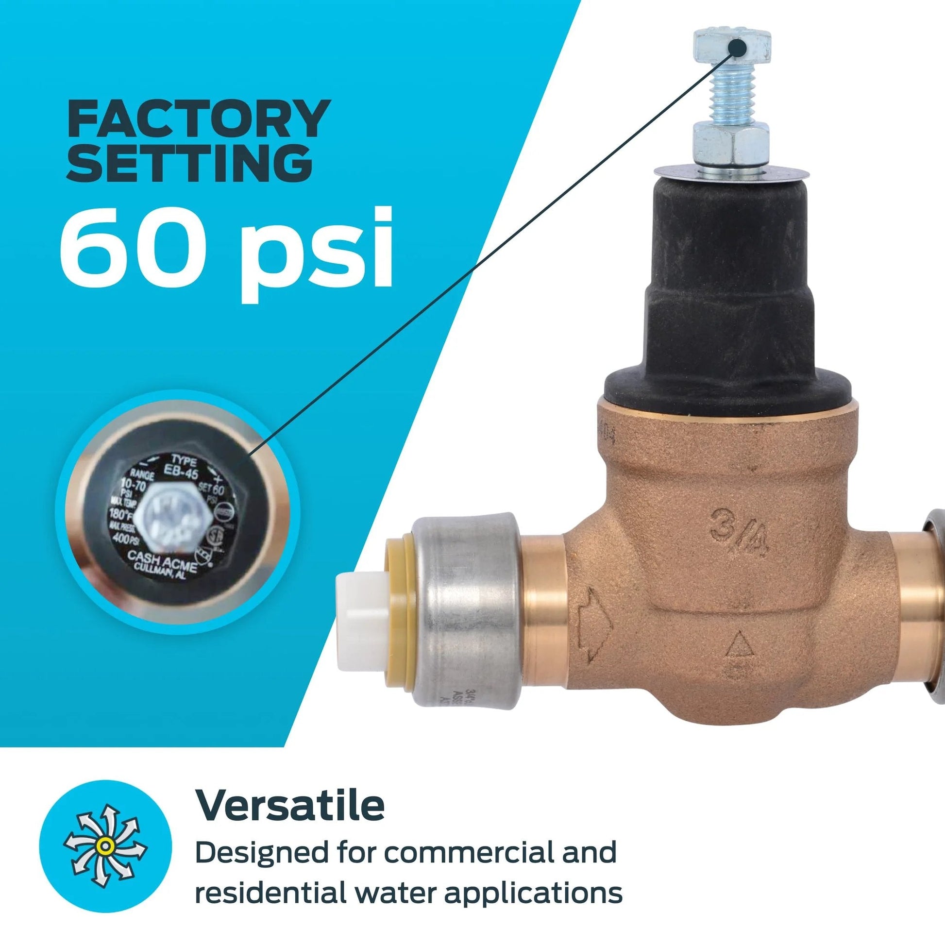 Direct 3/4 Inch Push To Connect Pressure Regulating Valve With Disconnect Clip And Poly Top 60 PSI SharkBite Compatible EB45 PRV.
